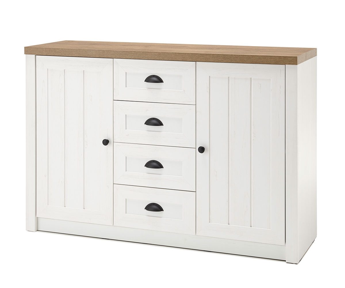 Feldmann-Wohnen Sideboard Provence (2-türig, 4 Schubladen, 2 Holzeinelegböden, 1 St., moderner Landhausstil, 2-türig, Metallgriffe), 130x43x88cm Pinie weiß Eiche hell