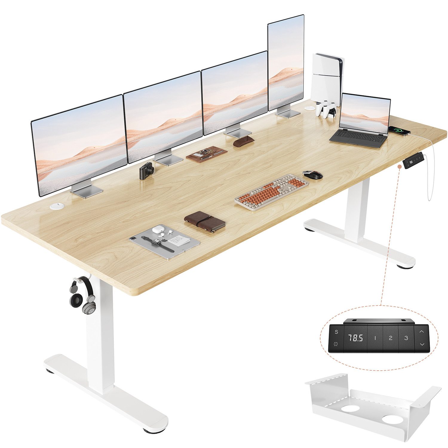 HOMALL Schreibtisch Höhenverstellbarer Schreibtisch mit 3 Höhen-Speicherfunktionen (Mehrere GrdBen 120/140/160/180/200 cm mit 1 USB-Ladanschlus Tischplate mit einerTiefe von 80 cm Der Tisch besteht aus ver Tischplaten)