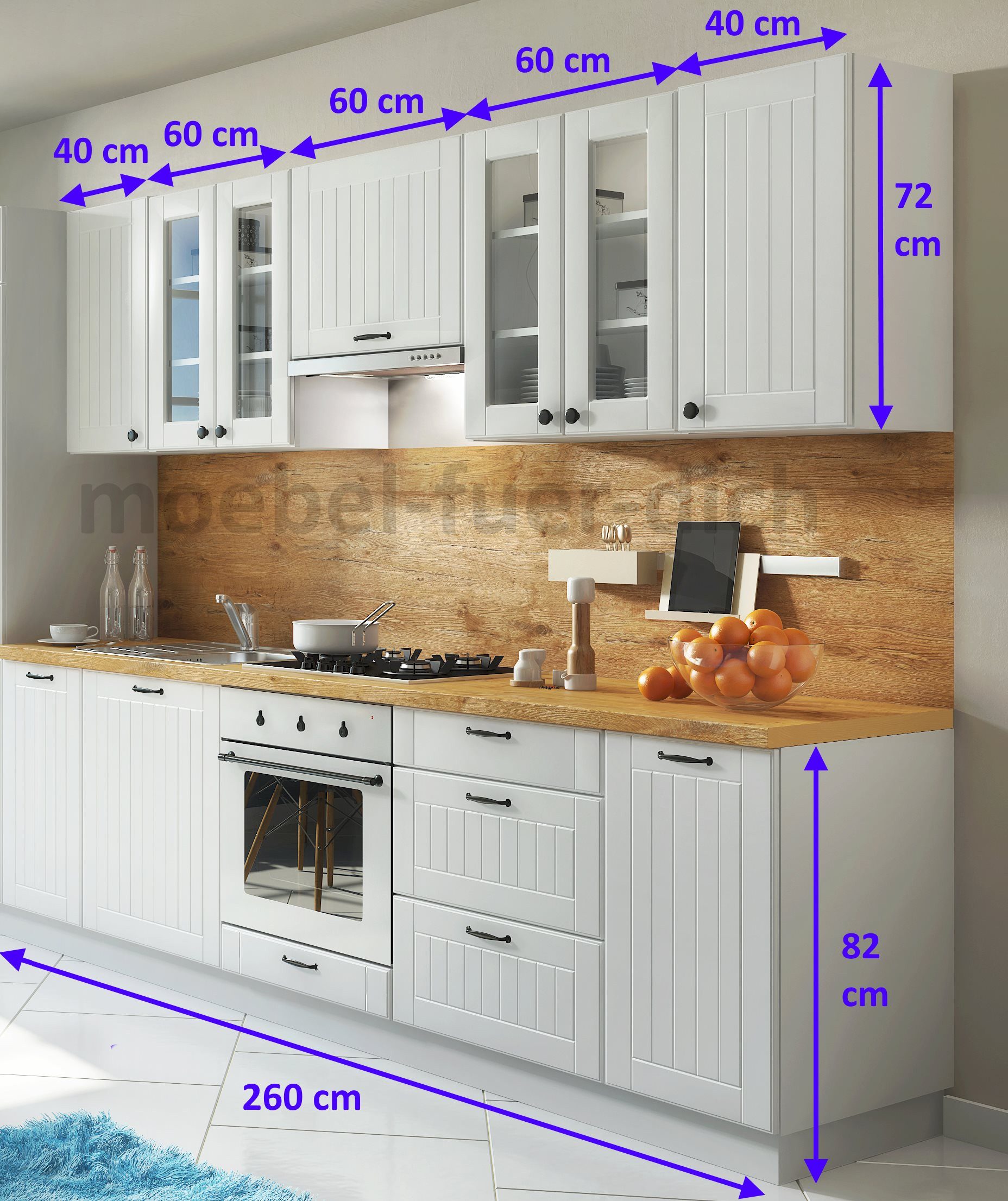 Möbel für Dich Küchenzeile Landhaus Einbauküche LORA 260 cm im Landhausstil günstig online kaufen