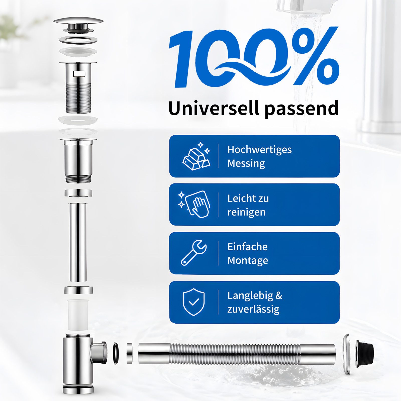 HOMELODY Ablaufgarnitur Design Siphon Waschbecken mit Ablaufgarnitur Edelstahl Chrom Pop Up Ablauf mit Überlauf, flexiblem Wellrohr und Geruchsverschluss – Bild 5 von 5