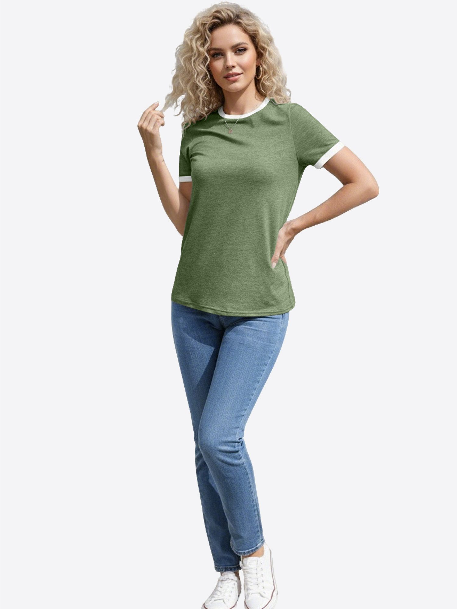 Imily Bela T-Shirt Damen Rundhalsbluse in Zweifarbig (Packung, 1-tlg., 1per-Pack) Helle Farben