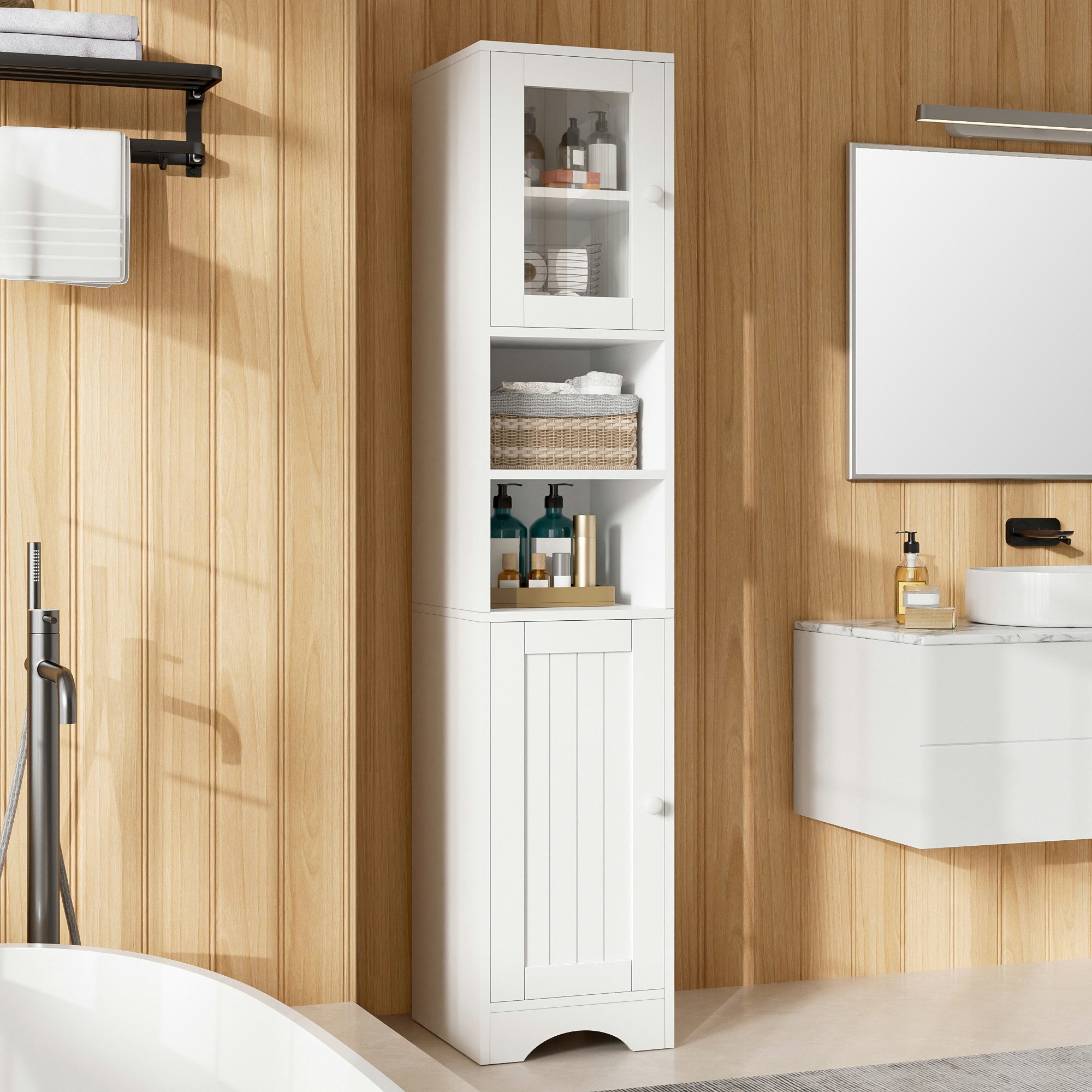 Flieks Badkommode schmaler Hochschrank Badezimmerschrank mit Glastüren, Massivholzgriff (35x30x160 cm, 1 St., Mehrzweckschrank Highboard für Wohnzimmer, Büro, Esszimmer, Flur), Multifunktionsschrank Bücherregal mit verstellbaren Einlegeböden Weiß