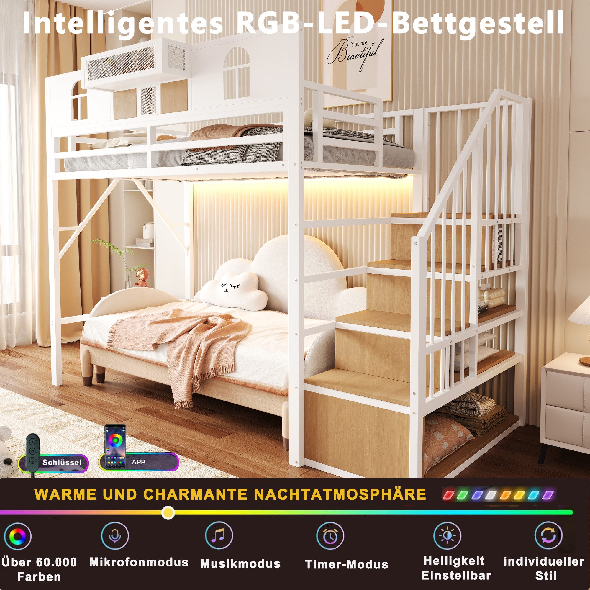 Ulife Hochbett 90 x 200 cm, Mit Stauraumleiter und Lichtleiste, Ablagefach, Fenster (3-St) Holzplatten und Metallgitterelementen, Erhöhte Umzäunung, Weiß – Bild 4 von 5