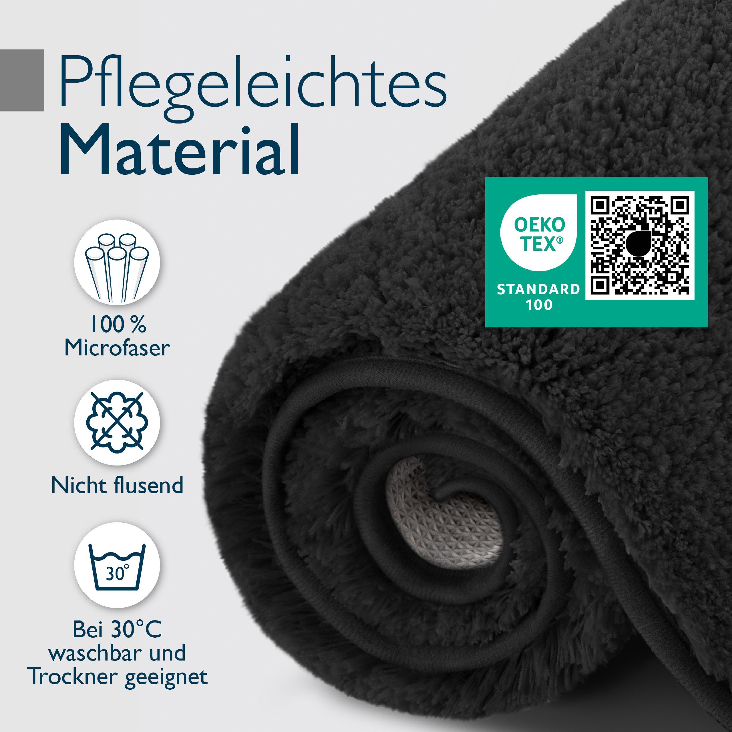 Beautissu Badematte Badematte rutschfest BeauMare FL, 60x50cm, Schwarz, Höhe 30 mm, Polyester, 60x50 cm Duschvorleger Hochflor Badteppich rutschfest Waschbar Sh – Bild 5 von 5
