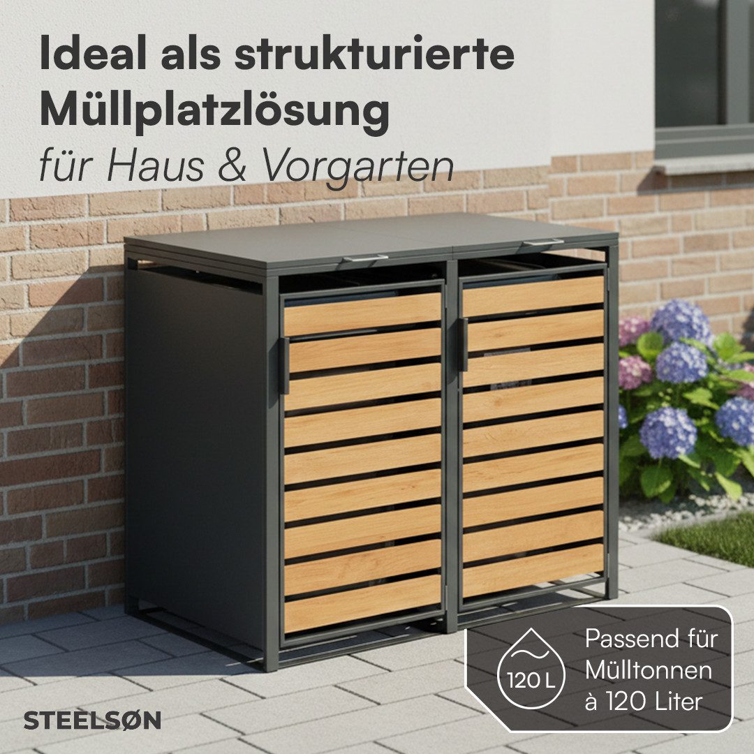 STEELSØN Mülltonnenbox Kestra 120L aus verzinktem Stahl (Anthrazit/Holz, Für 2 Tonnen), verfügbar mit 1, 2, 3, 4 oder 5 Türen, mit Sichtstreifen Holzoptik
