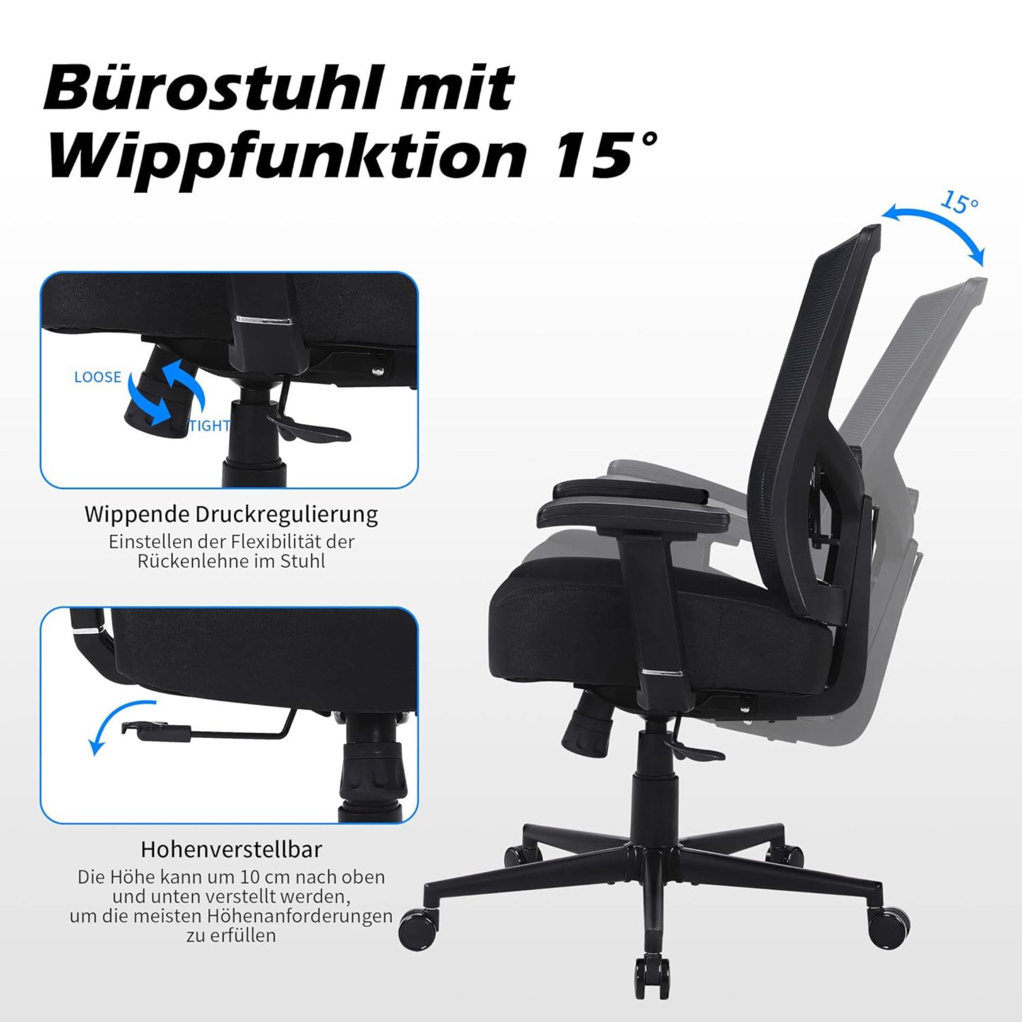SeedWave Bürostuhl Ergonomisch Bürostuhl mit Lordosenstütze, 200KG belastbarkeit, schwarz, Computerstuhl mit Wippfunktion,Mesh-Stuhl mit Hoher Rückenlehne