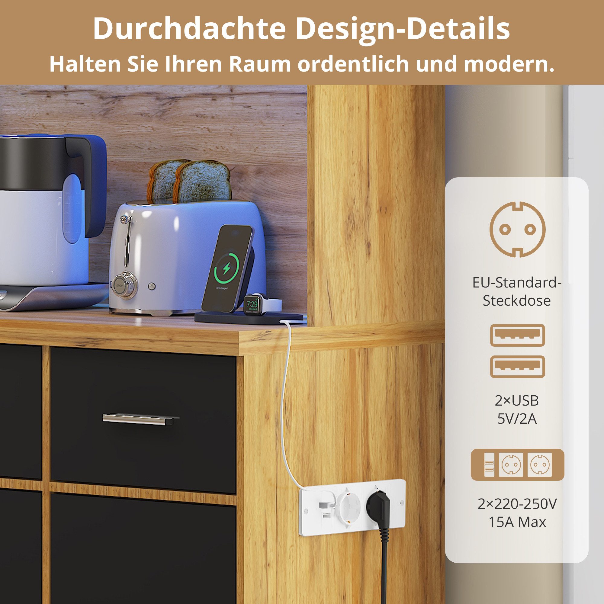 Flieks Küchenbuffet mit LED-Beleuchtung und Steckdosen (1-St., 100x40x180cm) Hochschrank Küchenschrank Geschirrschrank mit verstellbare Ablagen – Bild 5 von 5