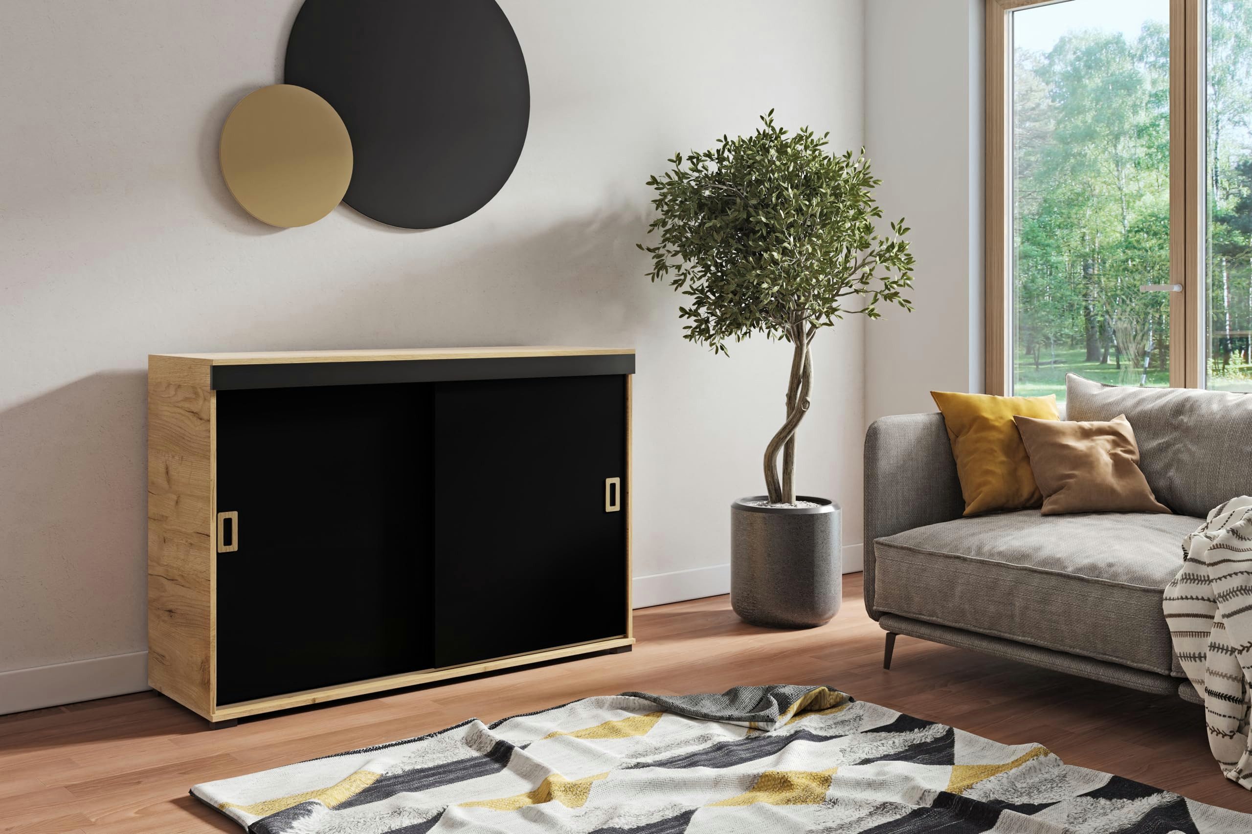 KIER FURNITURE Kommode, Sideboard Mit Schiebetür – Eiche Craft Gold + Schwarz – 140x45x94cm