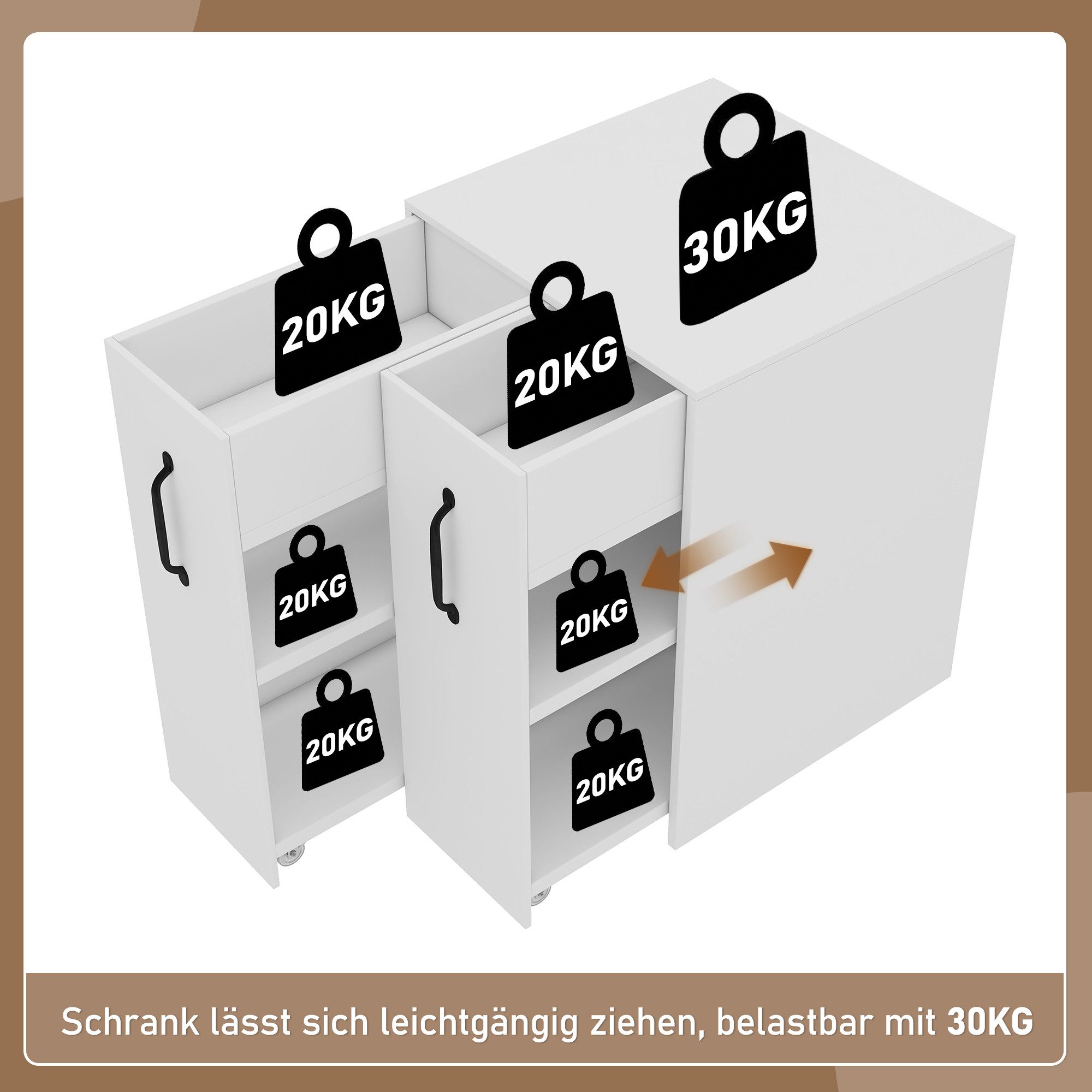 Flieks Bücherregal mit Rollen und 2 Schubladen Weiß/Schwarz, B52/T50/H75 cm 1-tlg., Mehrzweckschrank mit 6 Fächern Büroschrank Holzschrank Beistellschrank – Bild 5 von 5