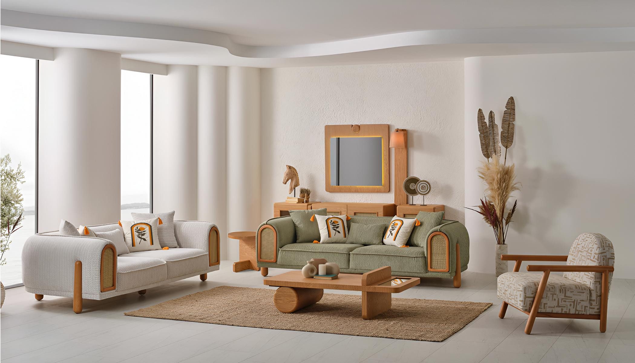 JVmoebel Polstergarnitur Gartensofa in Grün mit Rattan und dekorativen Kissen, (4-tlg), Made in Europa