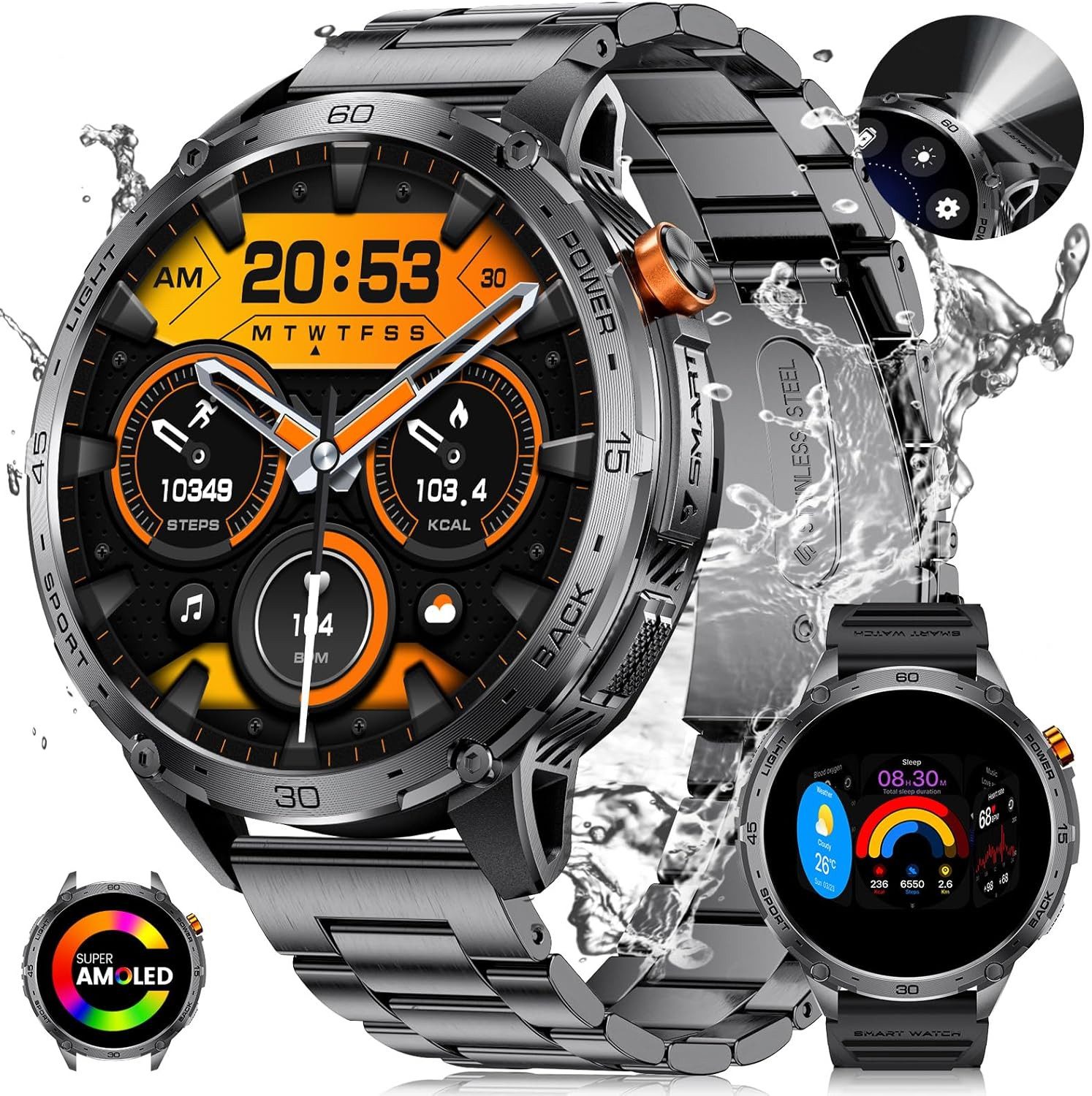 Lige TX2-E Smartwatch (4,3 cm, android ios), Herren Smartwatch mit 1.75" AMOLED Display, LED-Licht