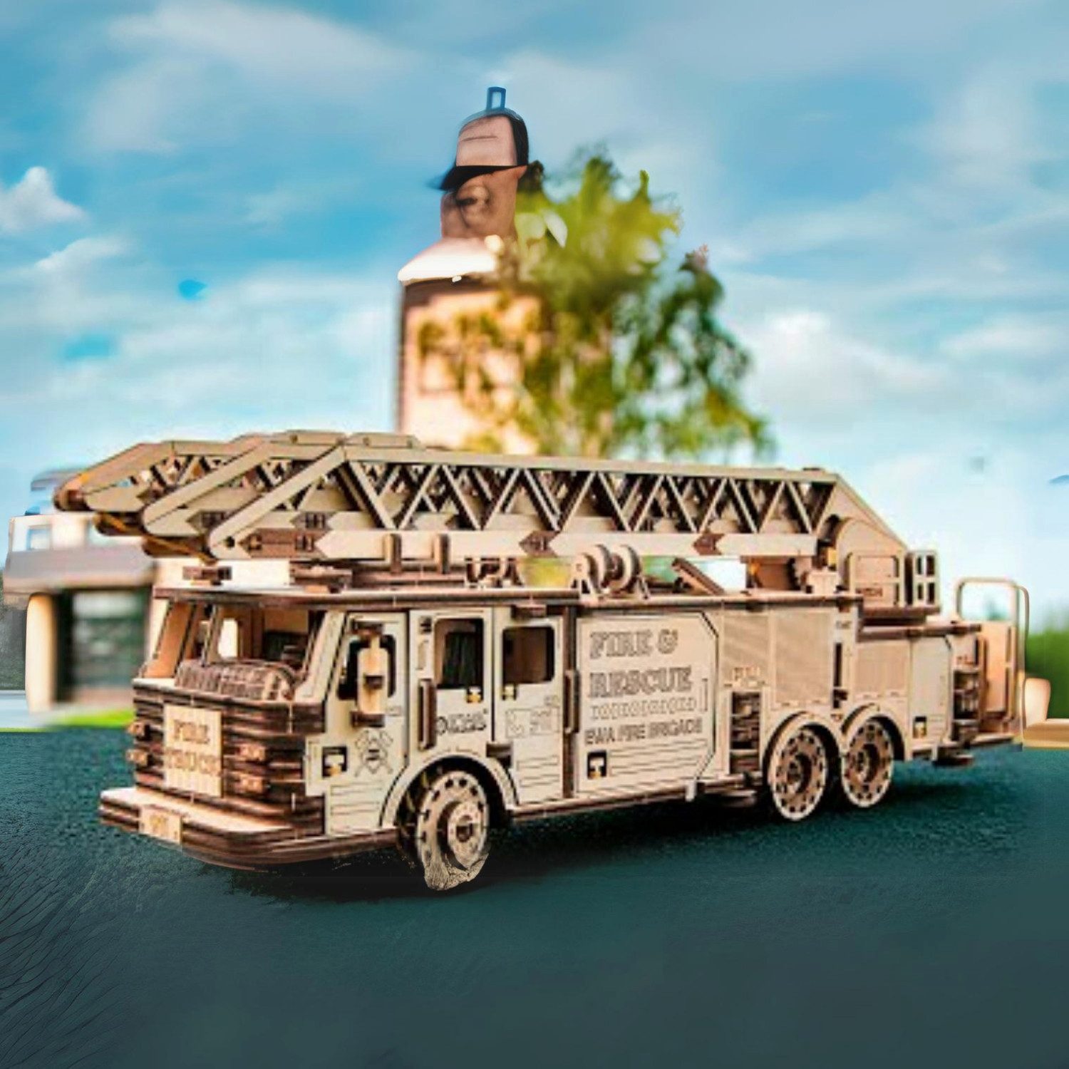 Eco Wood Art Puzzle Eco-Wood-Art Mechanischer LKW Feuerwehrauto Mechanisches Holzpuzzle, 439 Puzzleteile