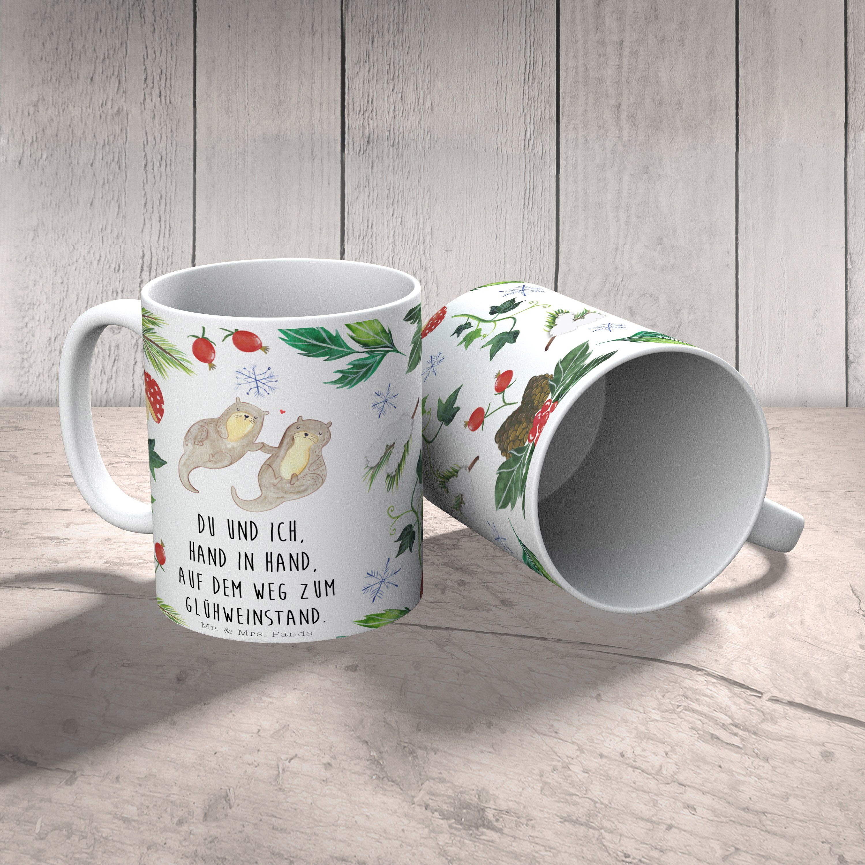 Mr. & Mrs. Panda Geschenk, - Otter - Winter, Tasse Weiß Weihnachtsdeko, Kaffee, Glühweinstand Keramik