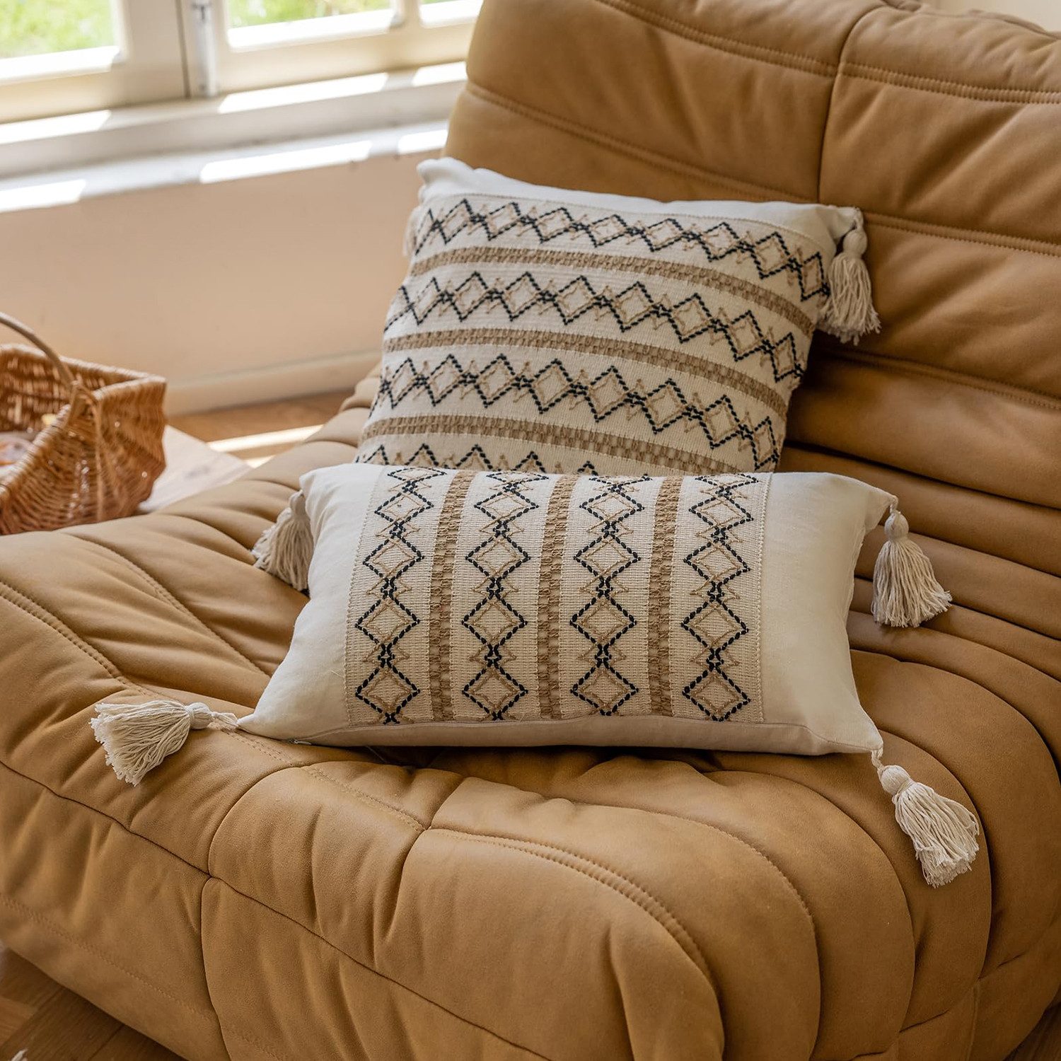 LAPAPRO Dekokissen Dekorativer Kissenbezug im Bohème-Stil Baumwolle Leinen mit Quasten, 45 x 45 cm Kissenbezug im Landhausstil (Kissenfüllung nicht enthalten)