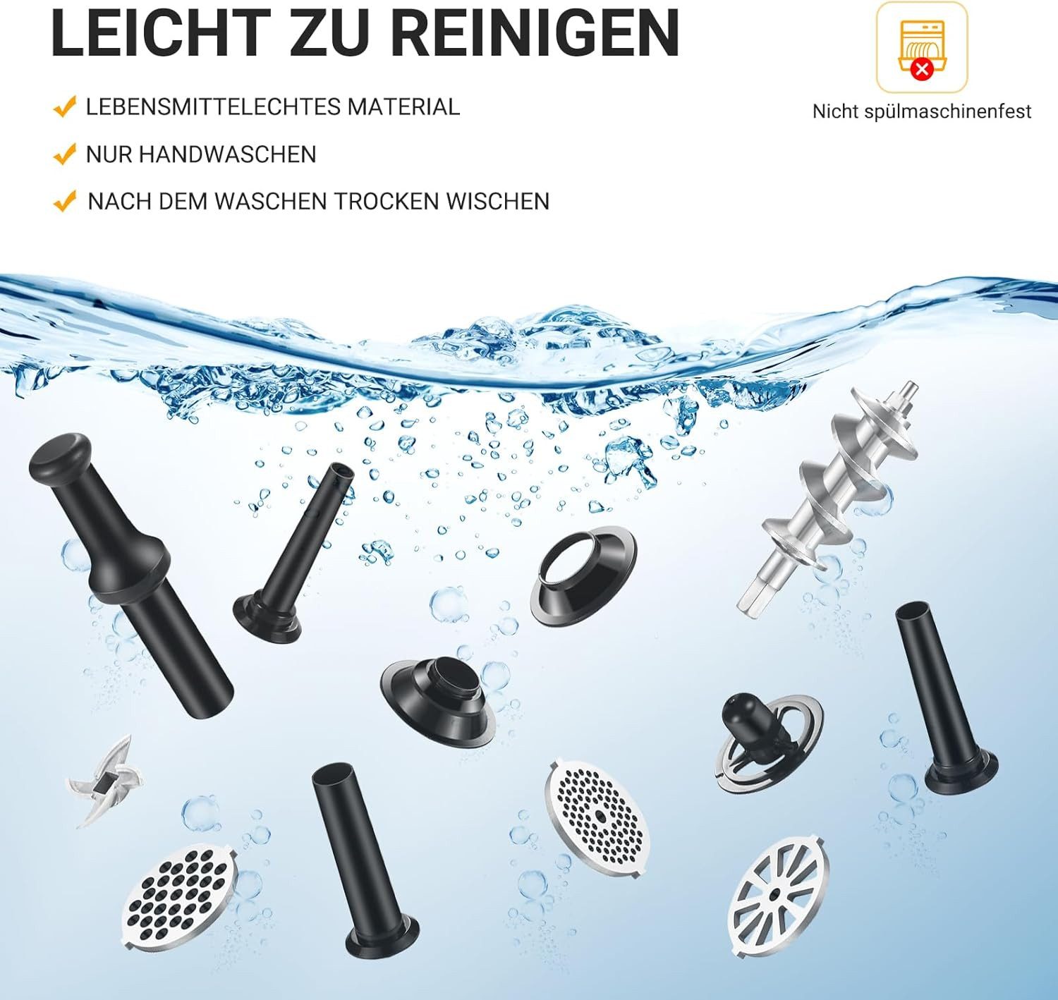 AMZCHEF Fleischwolf CE-MG42OT0H, 3000,00 W, 3-In-1 mit 3 Edelstahl-Schleifplatten, 1 Kubbe and 3 Wurstfüllrohren