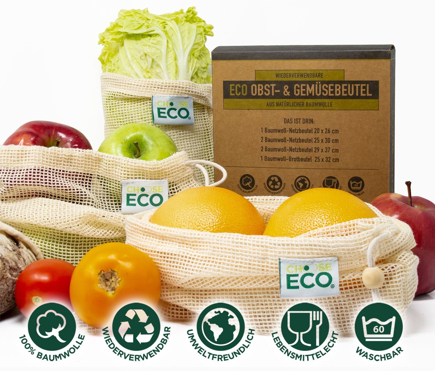 ChooseEco Gemüsebeutel Bio, "Zero 100% Waste", (Spar-Set) Obst- & Gemüsebeutel + Brotbeutel, 6er-Set