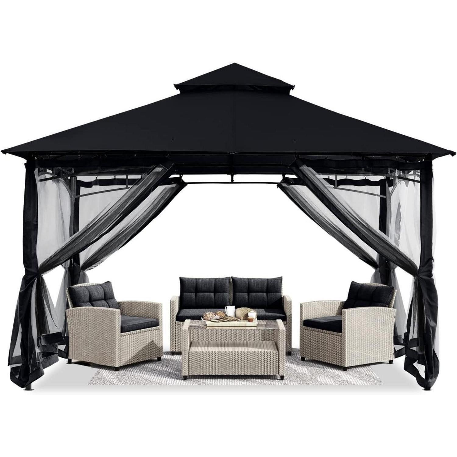 LuxusKollektion Pavillon Gartenpavillon 2.5x2.5m Doppeldach Weichdach Mit Netz Schwarz 2,5x2,5M