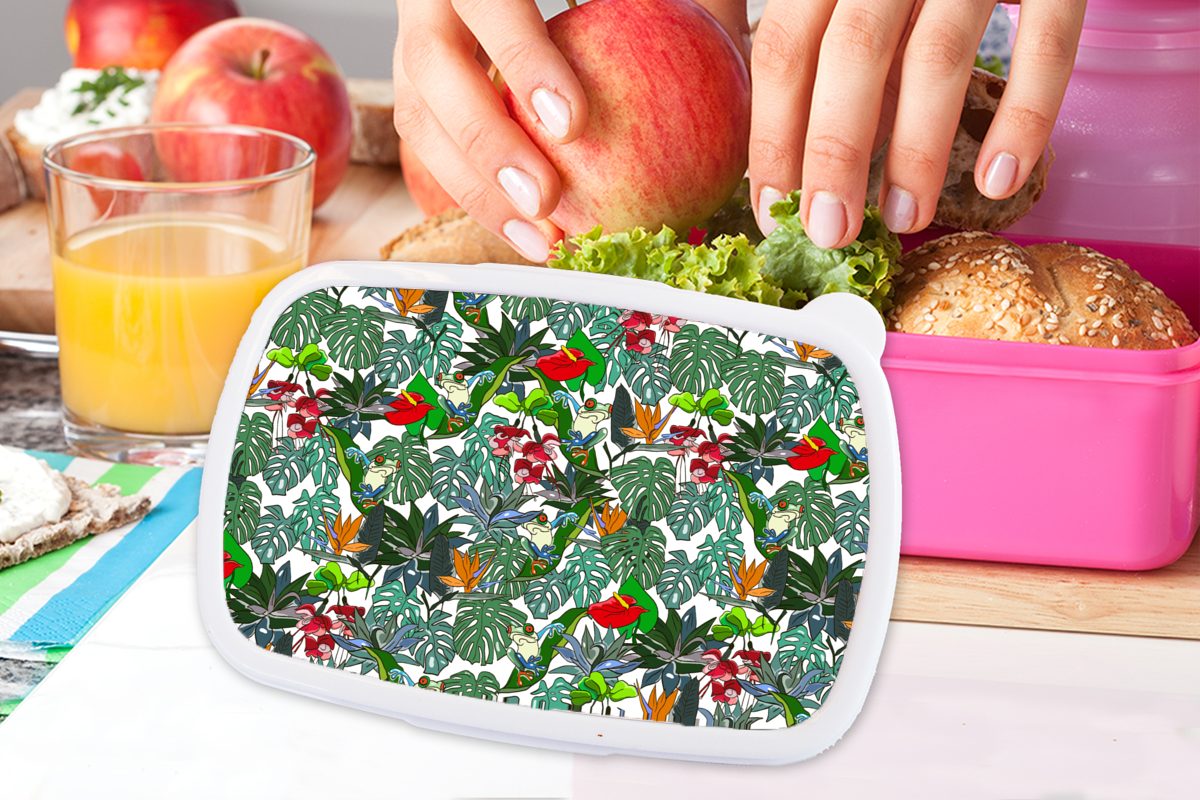 MuchoWow Lunchbox Muster - Pflanzen Kinder, Mädchen, (2-tlg), Brotdose - Erwachsene, Kunststoff rosa Snackbox, Dschungel, Brotbox Kunststoff, für