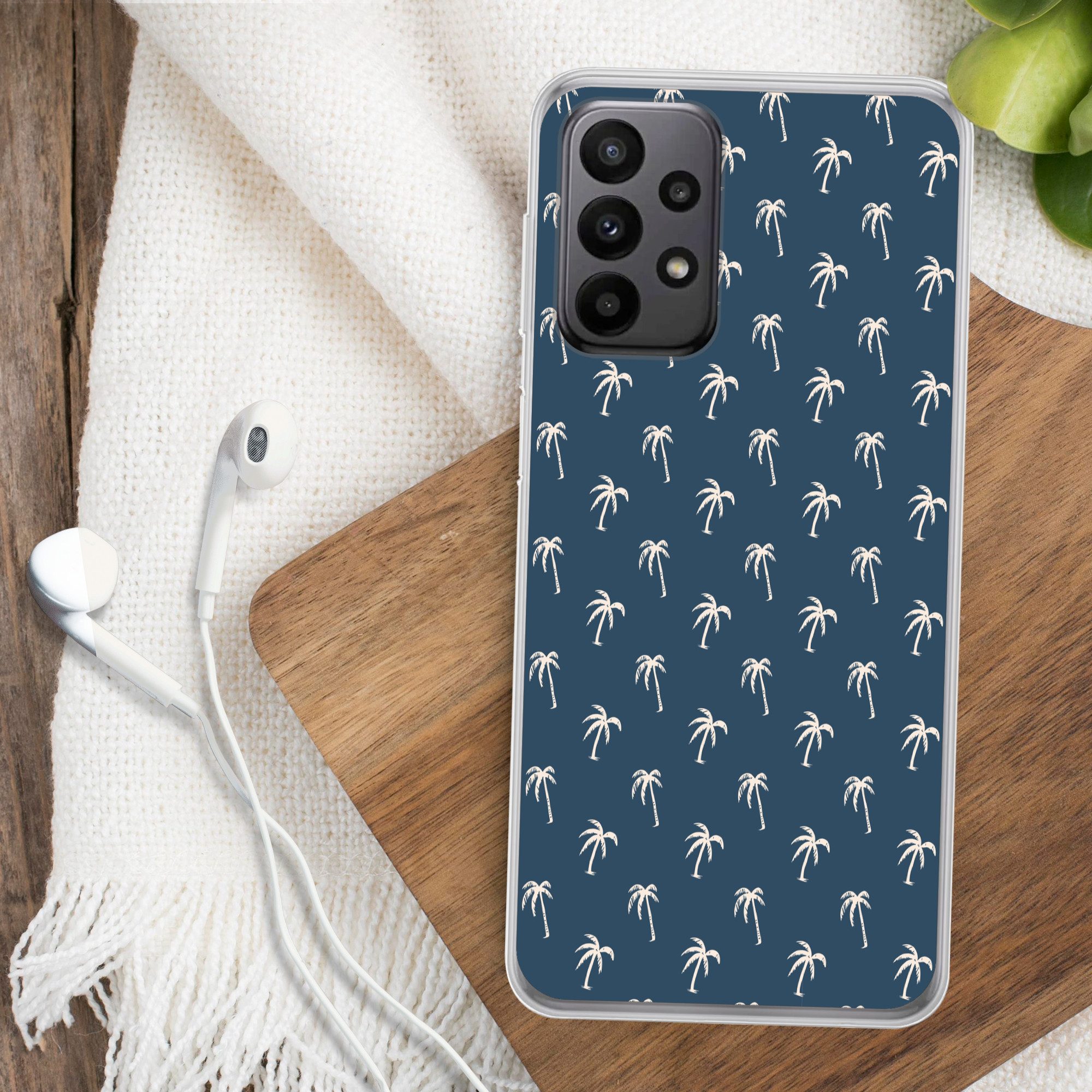 MuchoWow Handyhülle für Samsung Galaxy A23 5G Palmenmuster - Blau - Beige - Sommer, Smartphone-Bumper, Print, Handy Schutzhülle Dünn