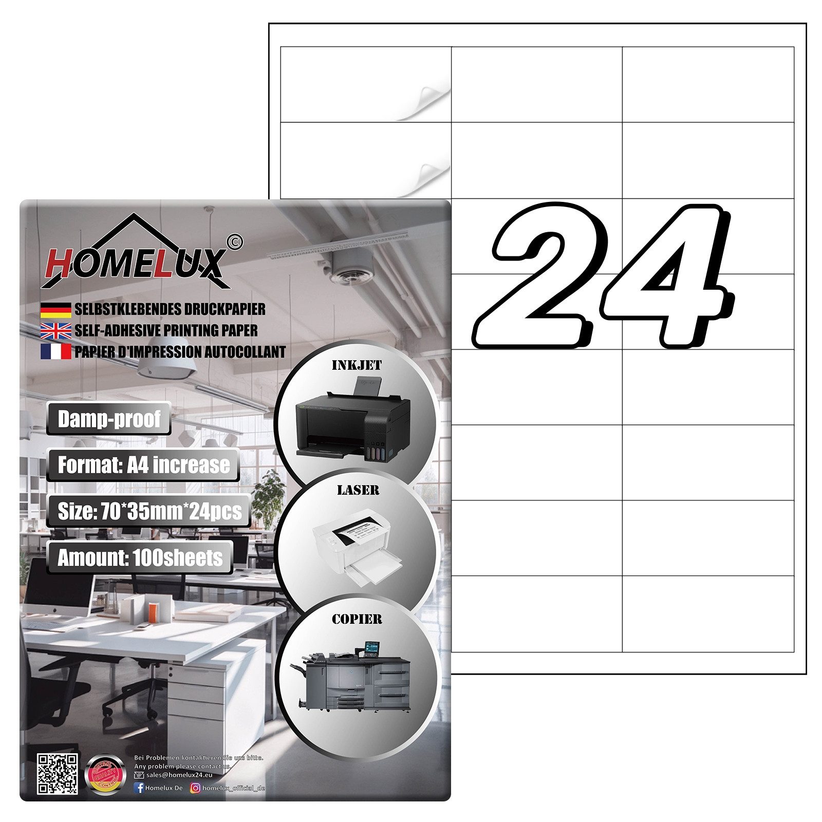HOMELUX Etiketten A4-100 Blatt, 24 pro Blatt Adressetiketten, kompatibel mit Tintenstrahl- und Laserdruckern