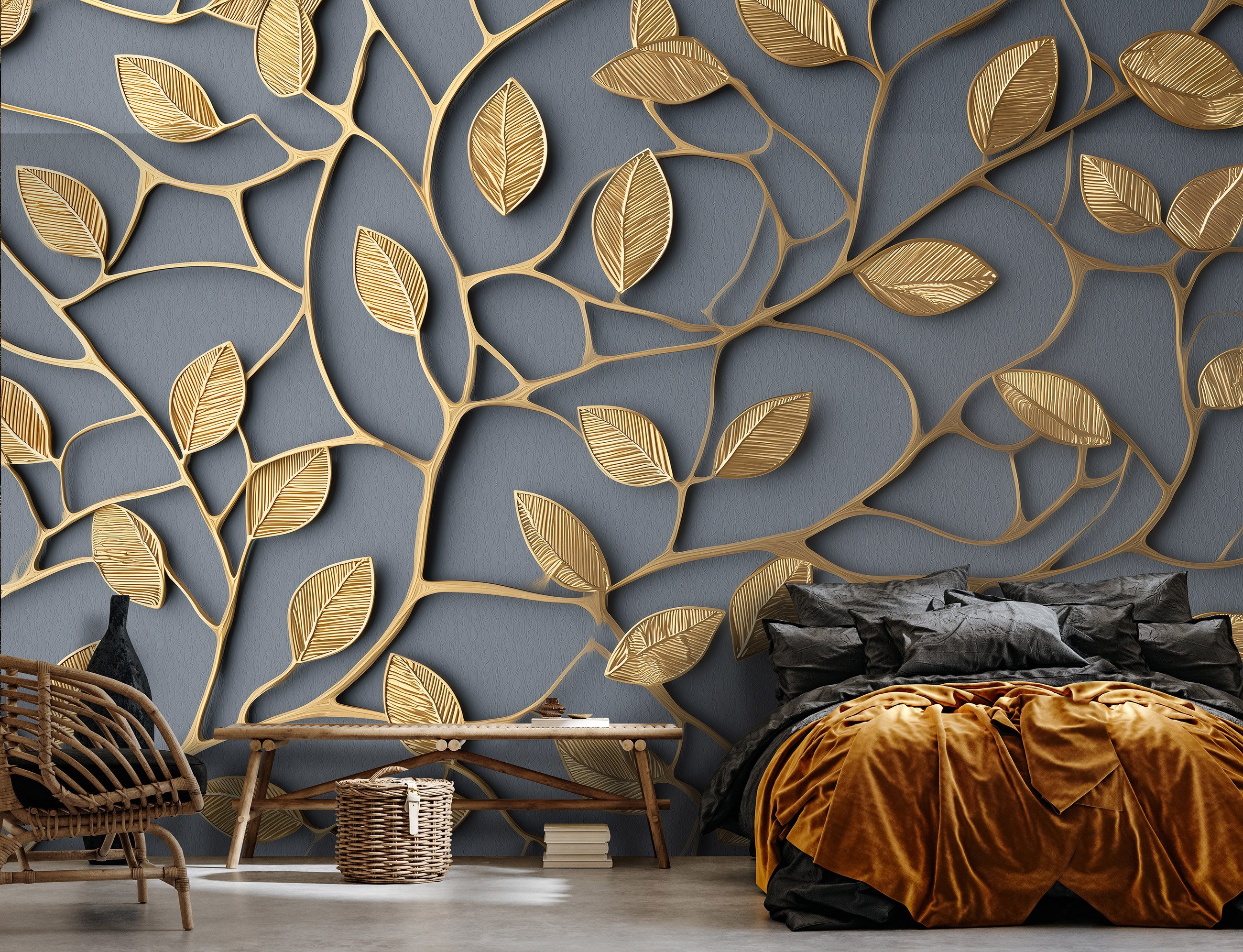 Wallarena Fototapete Blätter Gold Schwarz Vlies Tapete Wohnzimmer Schlafzim günstig online kaufen