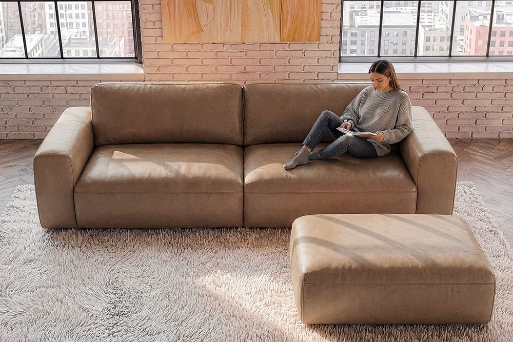 riess-ambiente 3-Sitzer BIG GEORGE 245cm cognac - Echtleder, Nosagefederung, FSC, Rundumbezug, Einzelartikel 1 Teile, Couch mit Ziernähten und inkl. Kissen - ideal für Wohn- & Schlafzimmer