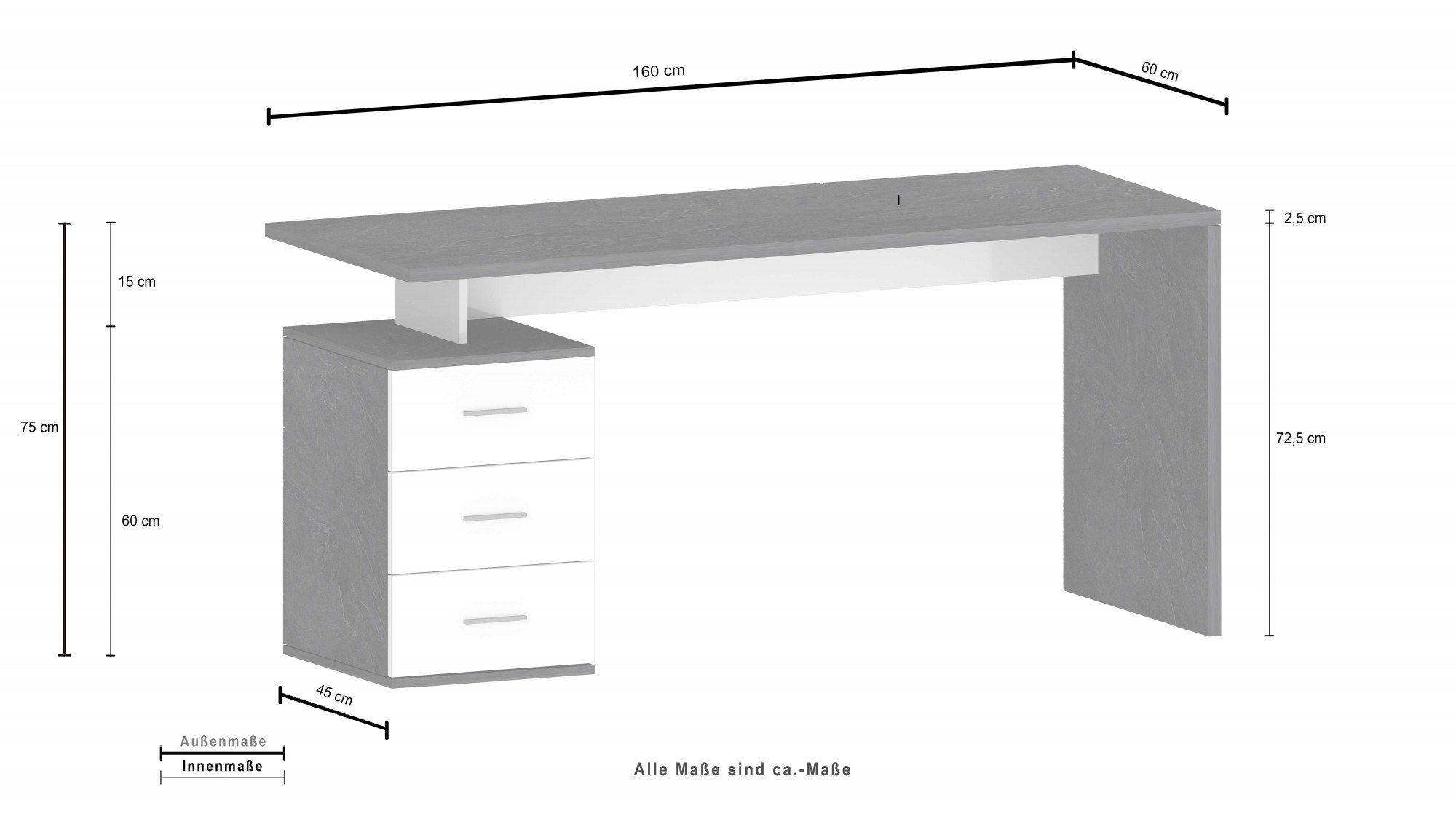 italien. NEW hochglanz Tecnos SELINA, Design cm, Schreibtisch modernes 160 Breite schiefer/weiß