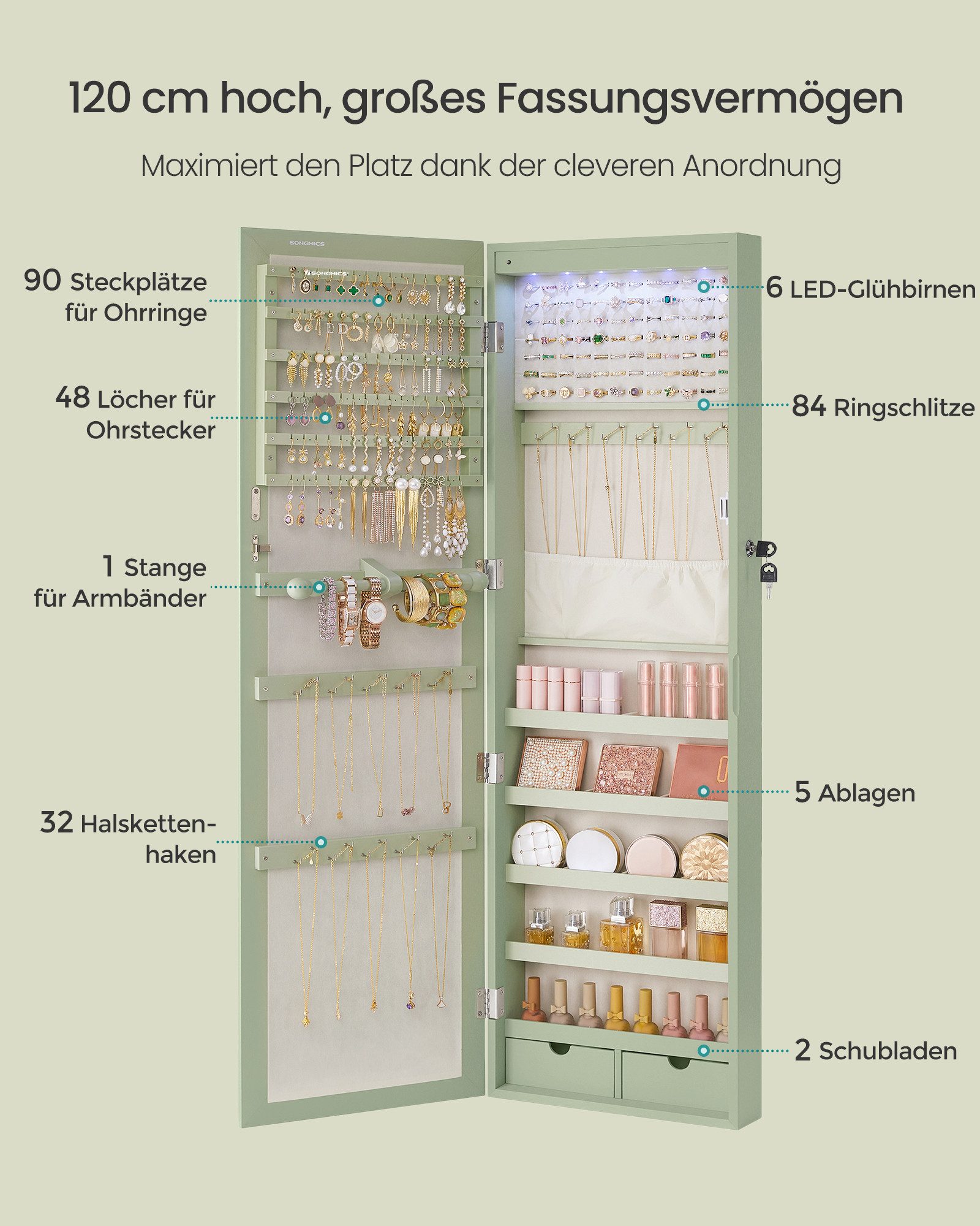 SONGMICS Schmuckschrank Spiegelschrank Wandspiegel Schmuck-Organizer mit LED Beleuchtung and Spiegel, abschließbarer