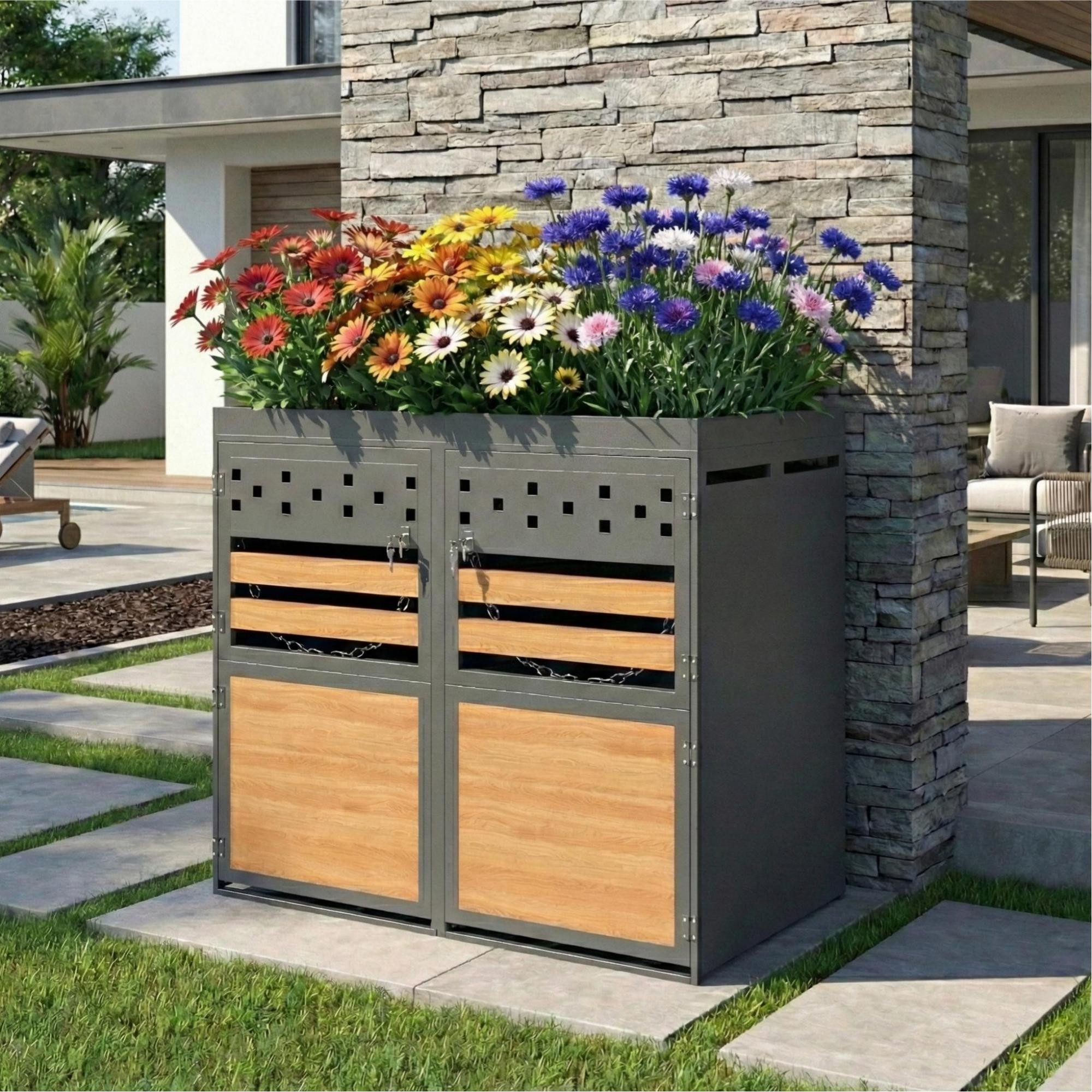 LVHOM Mülltonnenbox Veredelungssystem, 120-240 Liter x2er/x4er (Pflanzen-Dach gegen optische Störung + Belüftungsschlitze + abschließbar + wetterfester Stahl, Holz-Metall-Optik, Ketten zum bequemen Tonnenkippen), Ideal für Hauszugänge/Garagenhöfe/Großhaushalte/Siedlungsgebiete