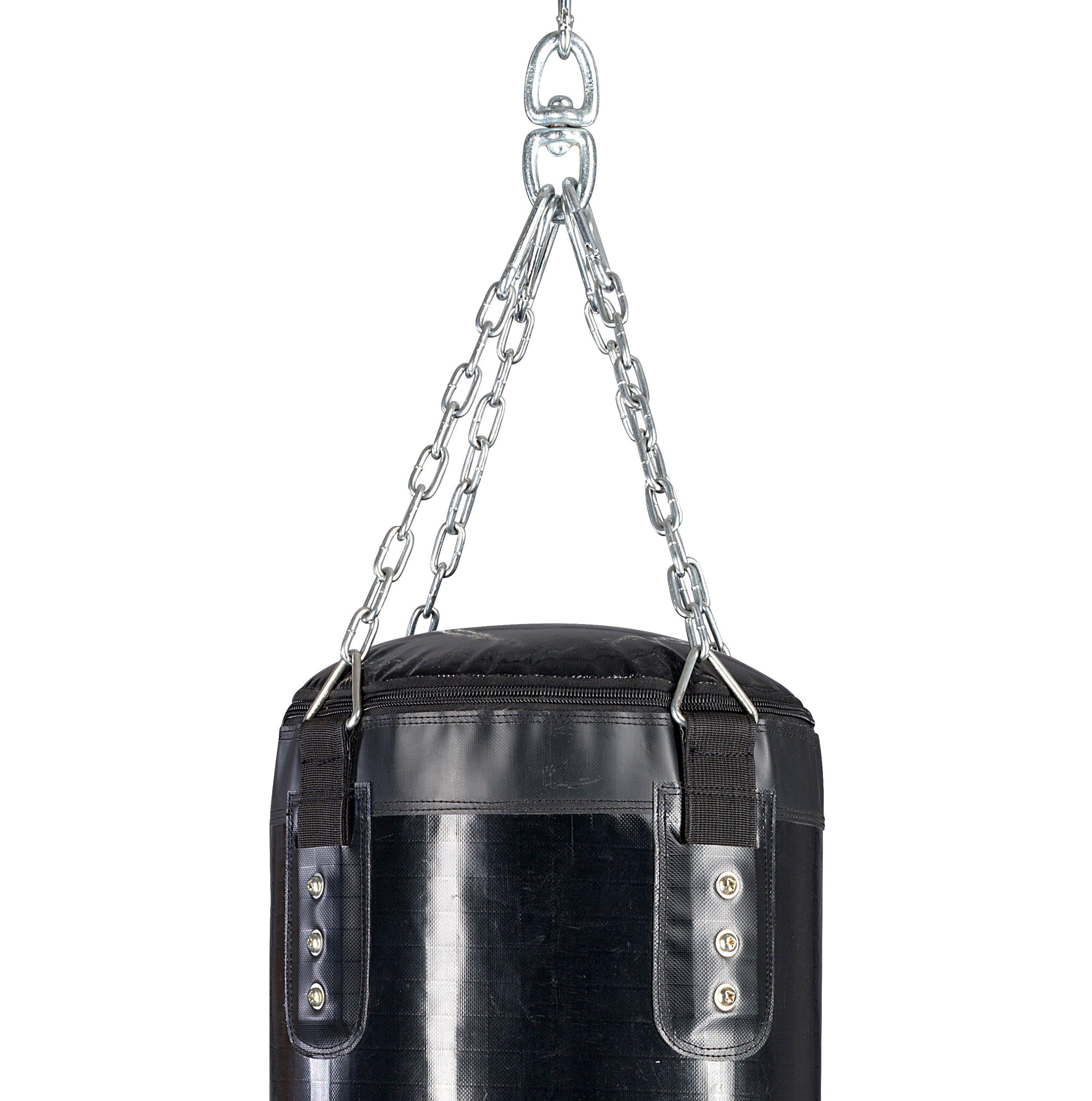 BAY-Sports Boxsack großer Profi Stahlkette Sandsack 180x35cm schwarz Kunstleder ungefüllt (4-strahlige verchromte Stahlkette, 180 x 35 cm), schweren Vinyl mit Nylon-Gitternetzverstärkung, bis 70 kg, 175 Liter