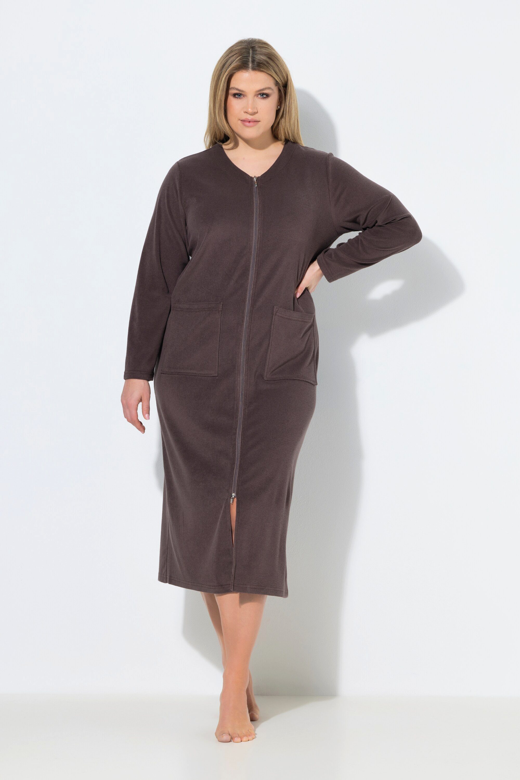 Ulla Popken Bademantel Bademantel Frottee 2-Wege-Reissverschluss Langarm, Langform, Materialmix