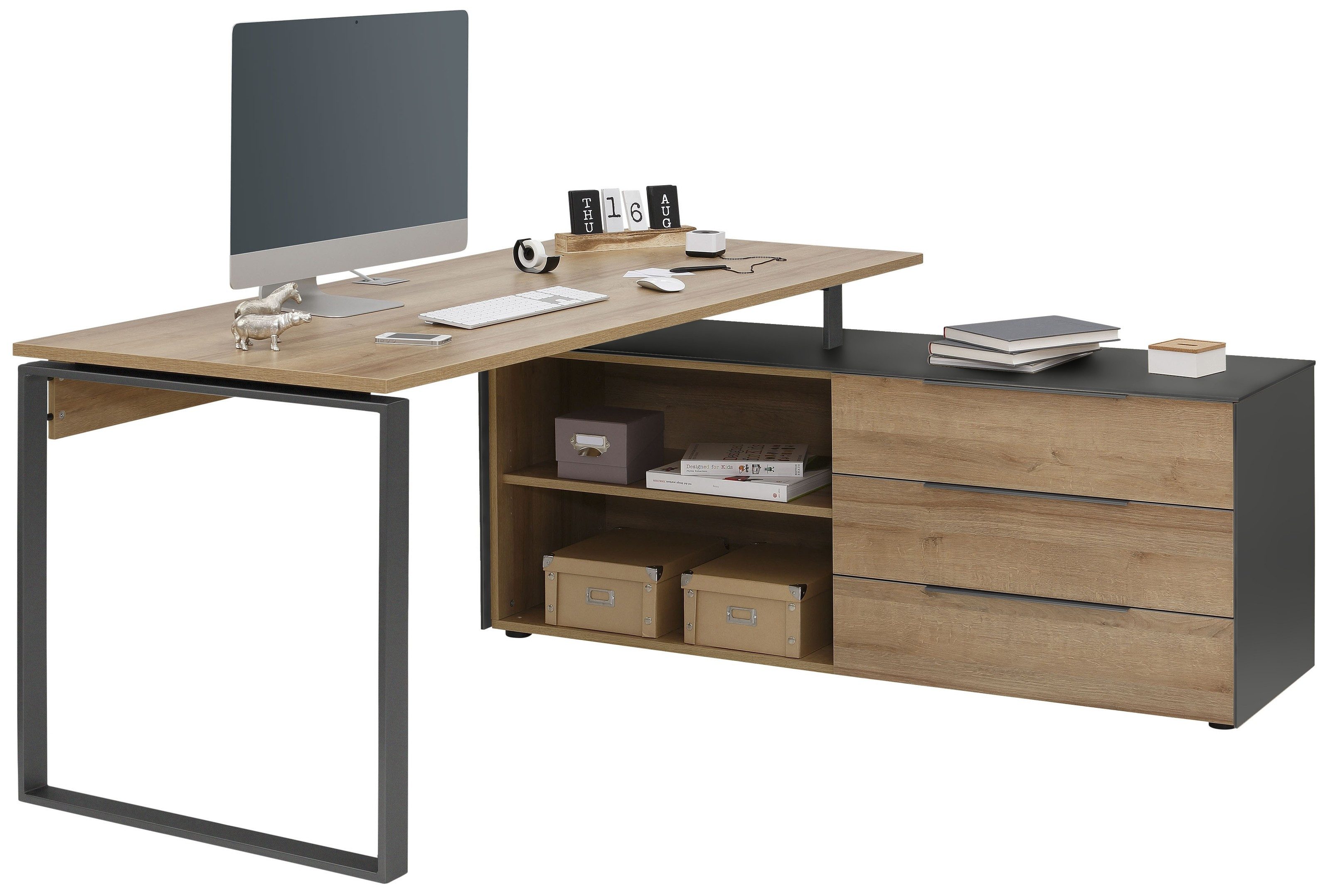 möbelando Schreibtisch in anthrazit - Riviera Anthr. mit 3 Schubladen und einem Einlegeboden (BxHxT: 181x77x159 cm)