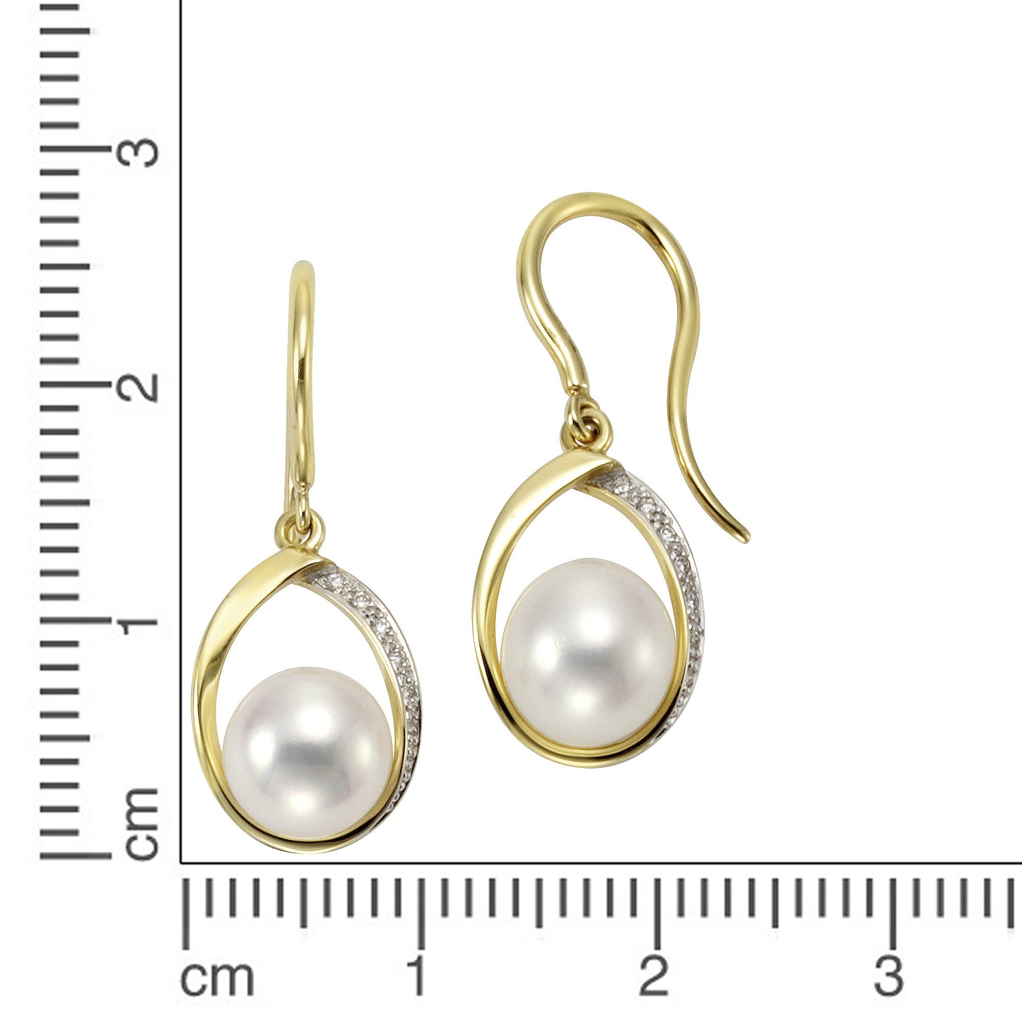 Ohrhaken + Paar 0,04ct. Orolino 7,5-8mm Perlen 585 weiß Brillant 14x Gold
