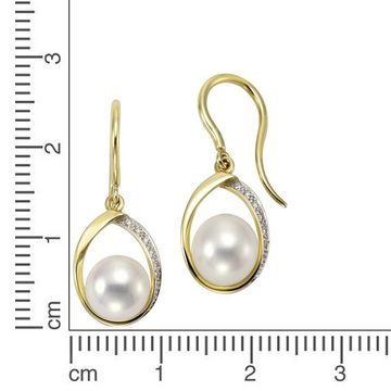 Orolino Paar Ohrhaken 585 Gold Perlen weiß 7,5-8mm + 14x Brillant 0,04ct.