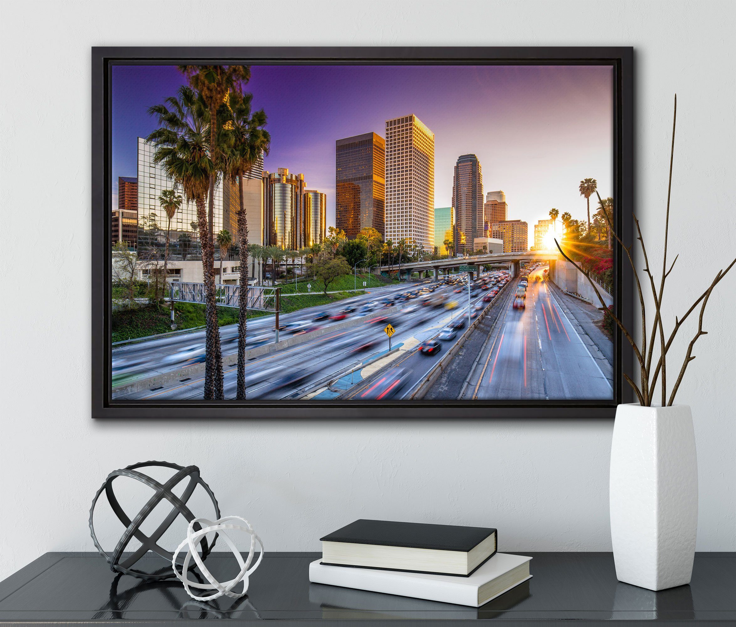 Pixxprint fertig Angeles, in einem bespannt, Leinwandbild (1 Leinwandbild Zackenaufhänger Schattenfugen-Bilderrahmen inkl. Wanddekoration Los in gefasst, St), Straßenverkehr