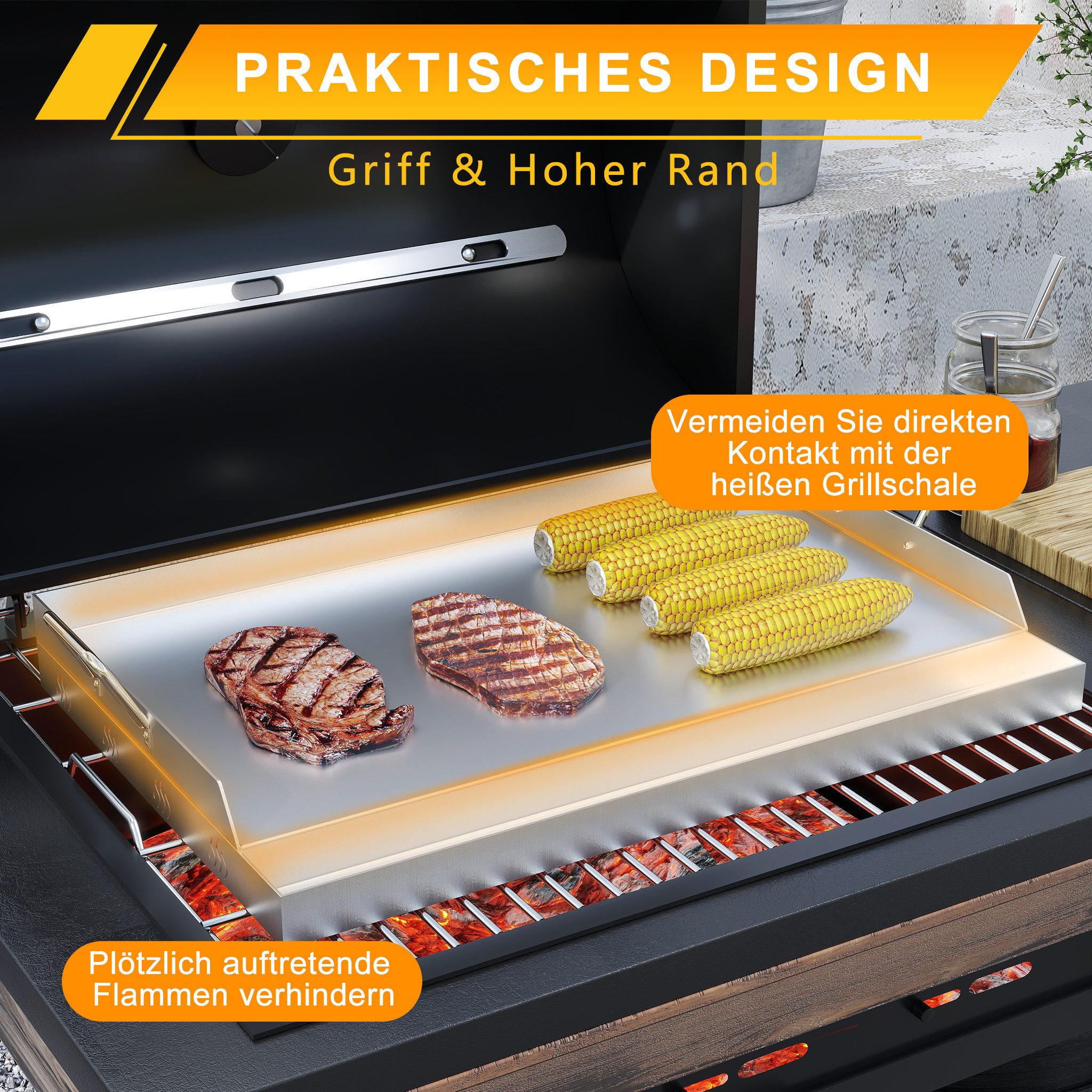 FIVMEN Grillplatte Edelstahl Grill Platte Set Universal BBQ Plancha Gasgrills Grillschale (Mit Griffe und Grillspachtel), für Gleichmäßige Hitzeverteilung Grillschale Inbegriffen Grillspachtel