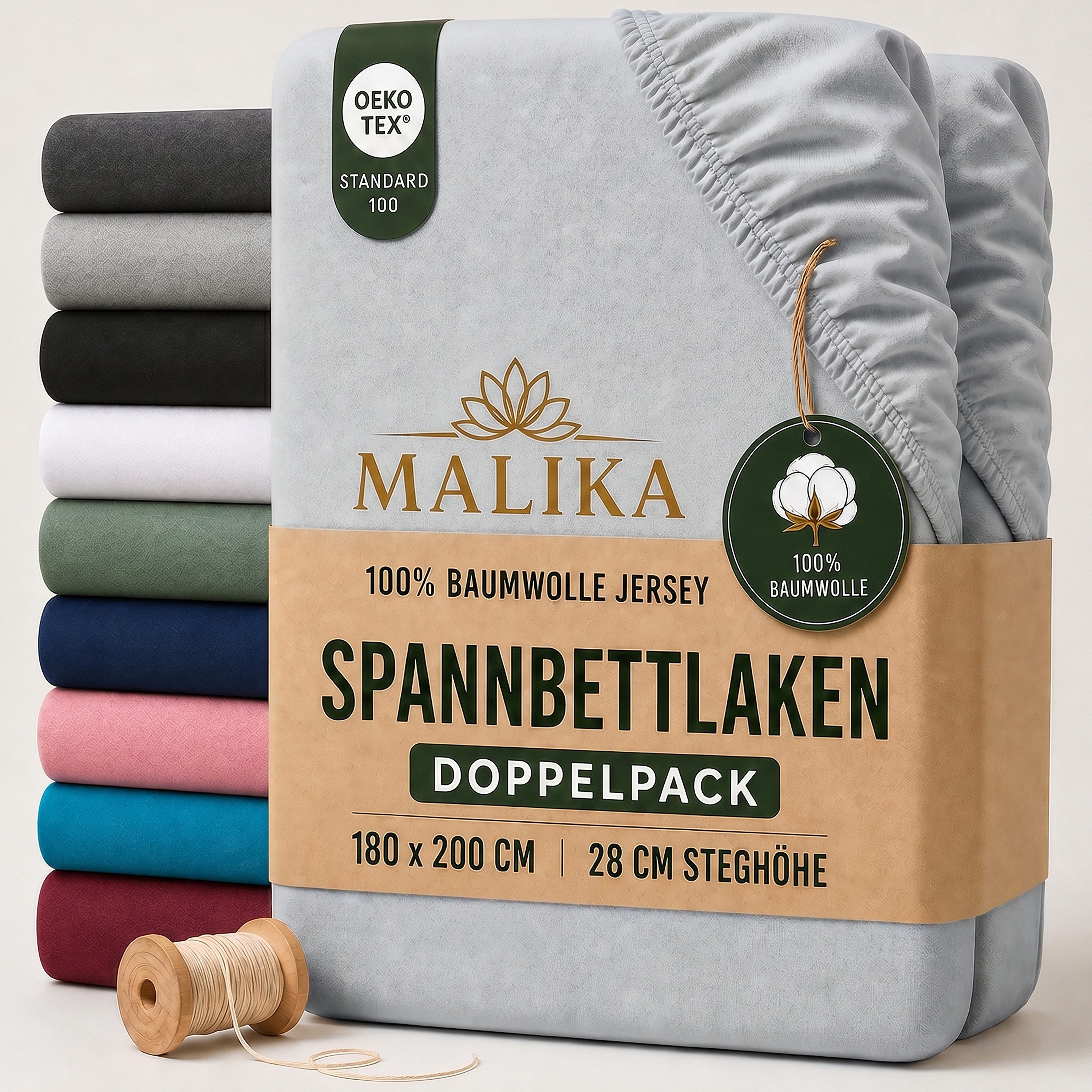 Malika Spannbettlaken aus 100% Baumwolle, 90-100x200, Silber, Jersey Baumwolle, Gummizug: Ja, (2 Stück), Allergikergeeignet, Pflegeleicht und Atmungsaktiv