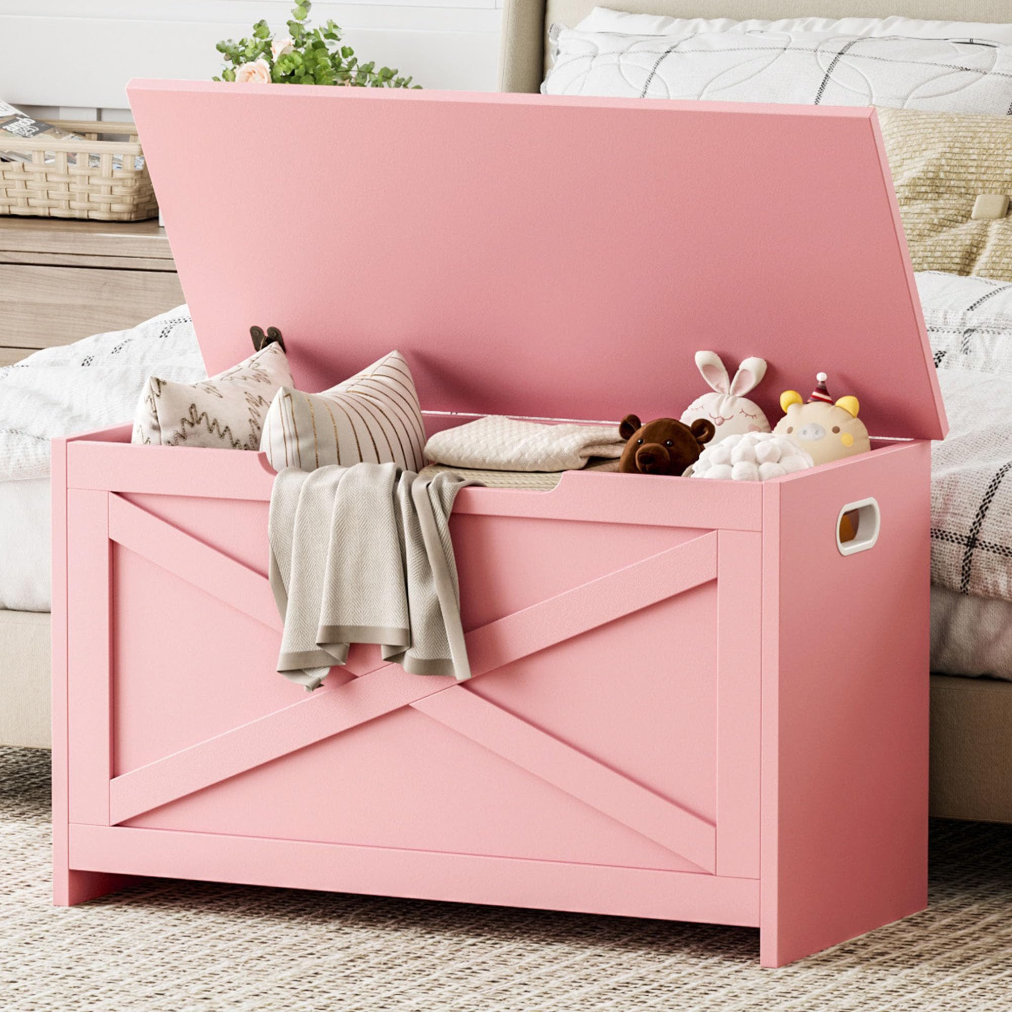 GarveeMore Sitztruhe Aufbewahrungsbox, Sicherheitsscharnier, seitliche Griffe, 75x40x45 cm, 136 kg Traglast, braun/rosa/weiß/grau