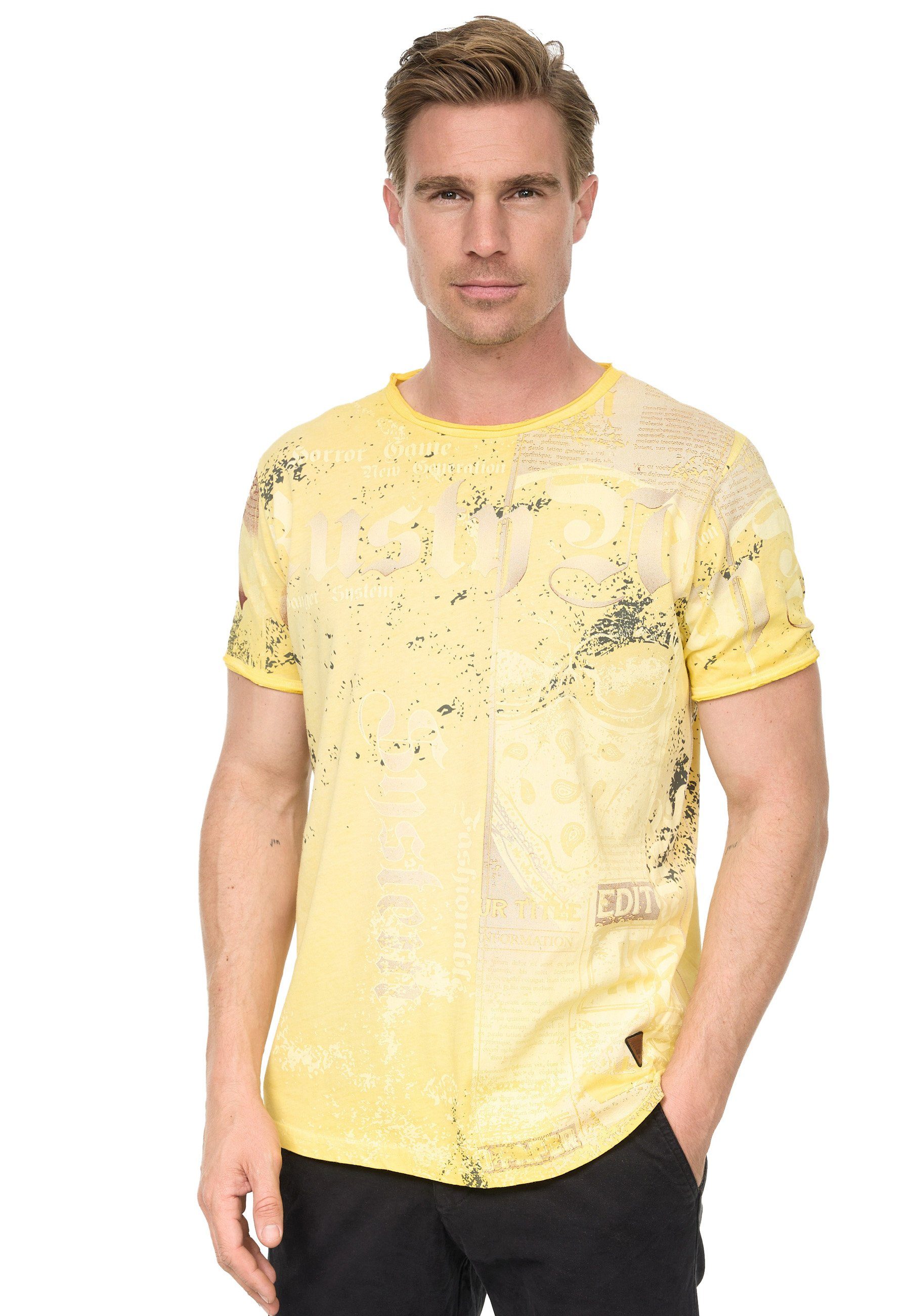 Rusty Neal T-Shirt mit Allover-Print im Used-Look gelb