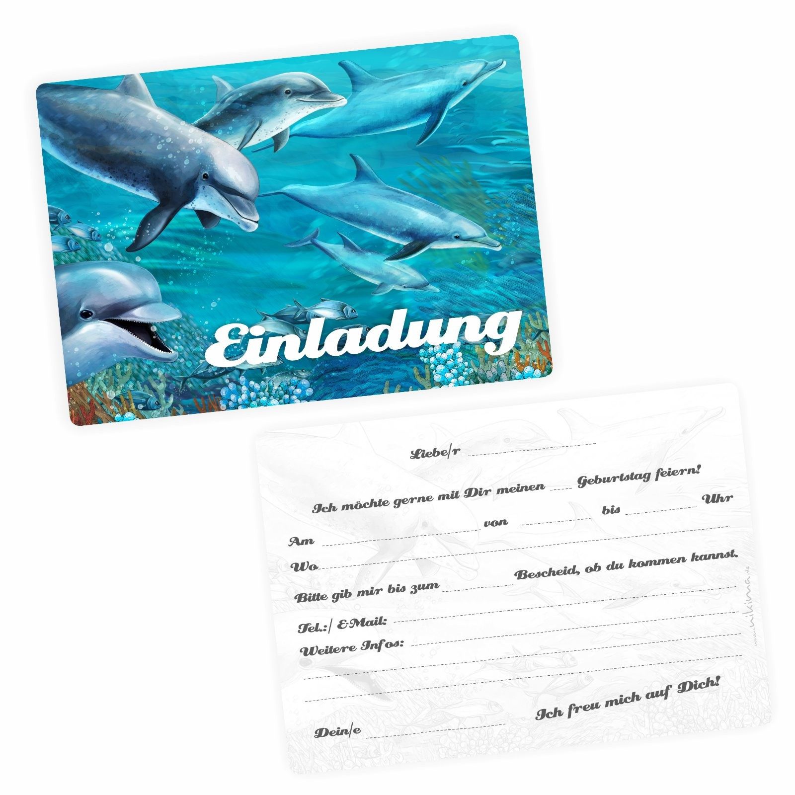 nikima Einladungskarten 10 Einladungskarten Delfine mit GLITZER inkl. 10 Briefumschlägen