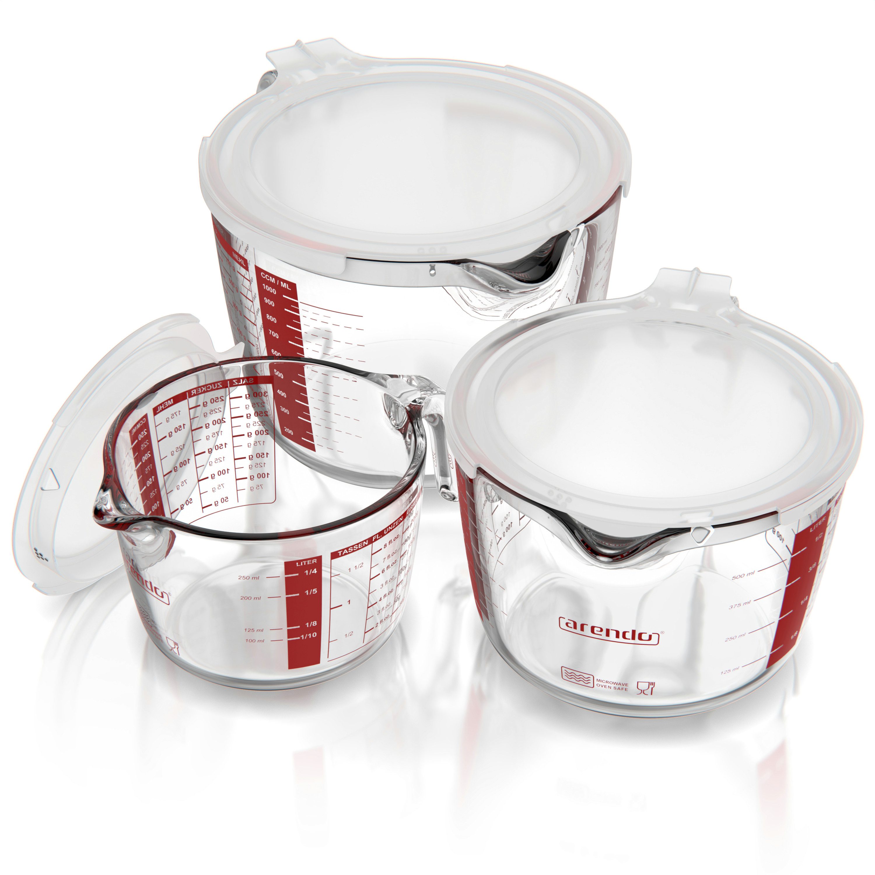 Arendo Мерные стаканы 250 ml, 500 ml & 1000 ml Glas Messkrug Set mit Deckel, Borosilikatglas, Glas, (Set, 3-St), präzise Skala, hitzebeständig, mikrowellengeeignet, Küchenhelfer