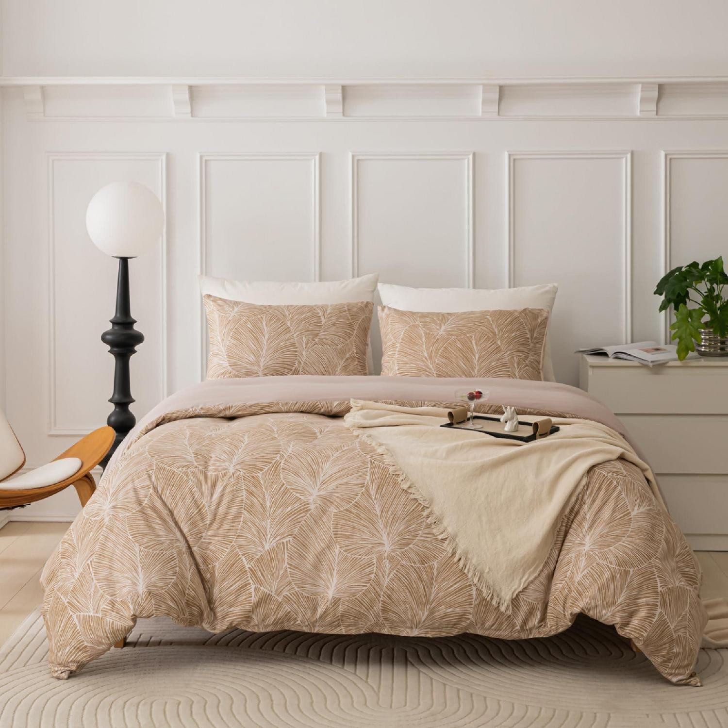 LuxusKollektion Bettwäsche Bettwäsche 135x200cm 4tlg Blätter Beige-Hellbraun