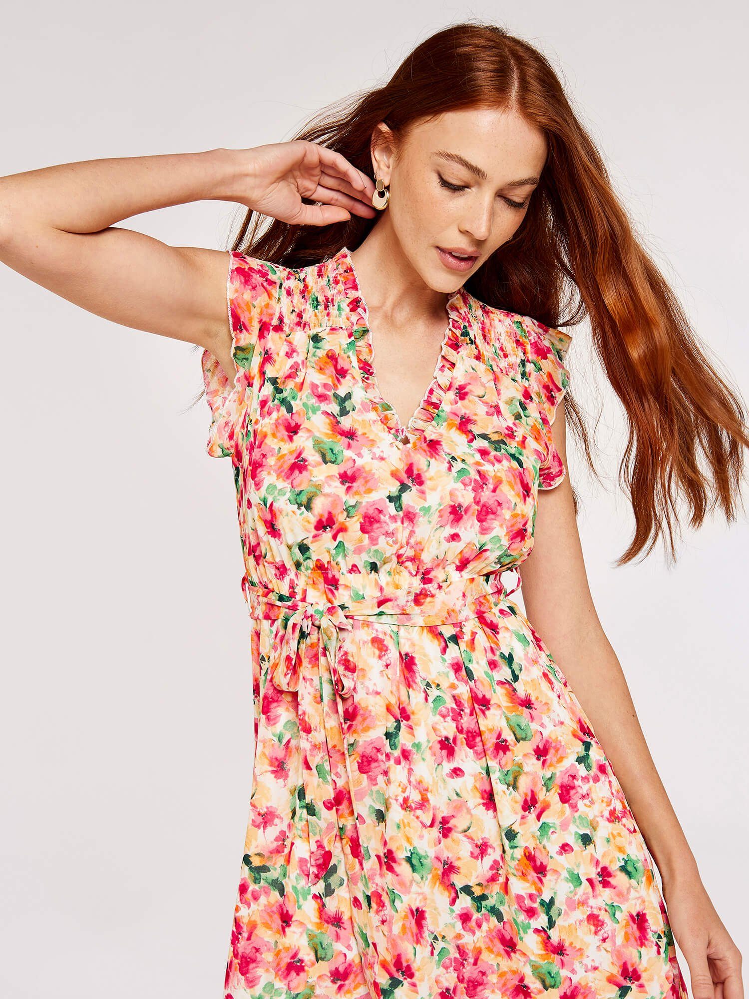 Apricot Druckkleid Brushstroke Bloom V-Neck Midi günstig online kaufen