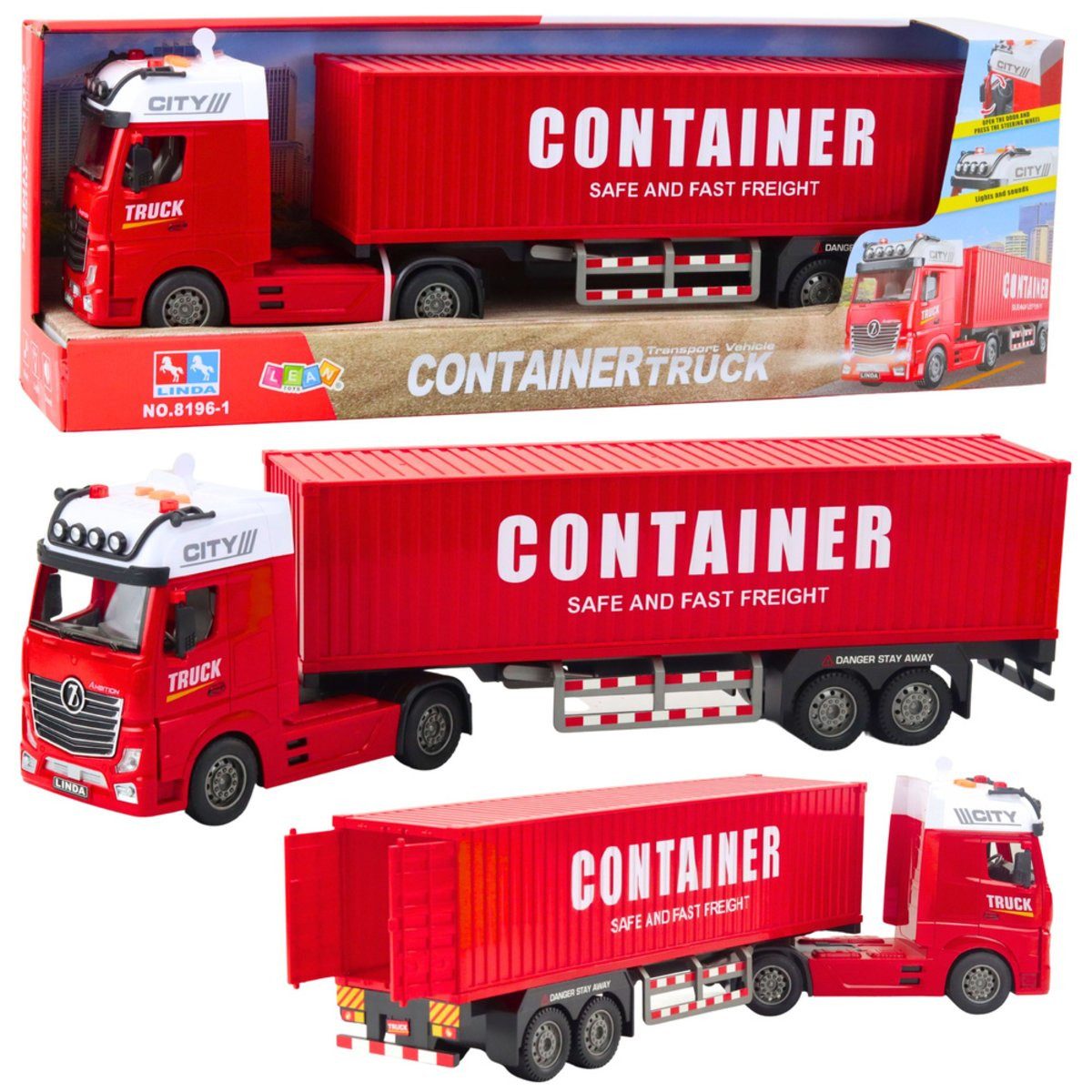 Wisam Spielzeug-Auto Transport-LKW mit Container-Lichtern und roten Tönen
