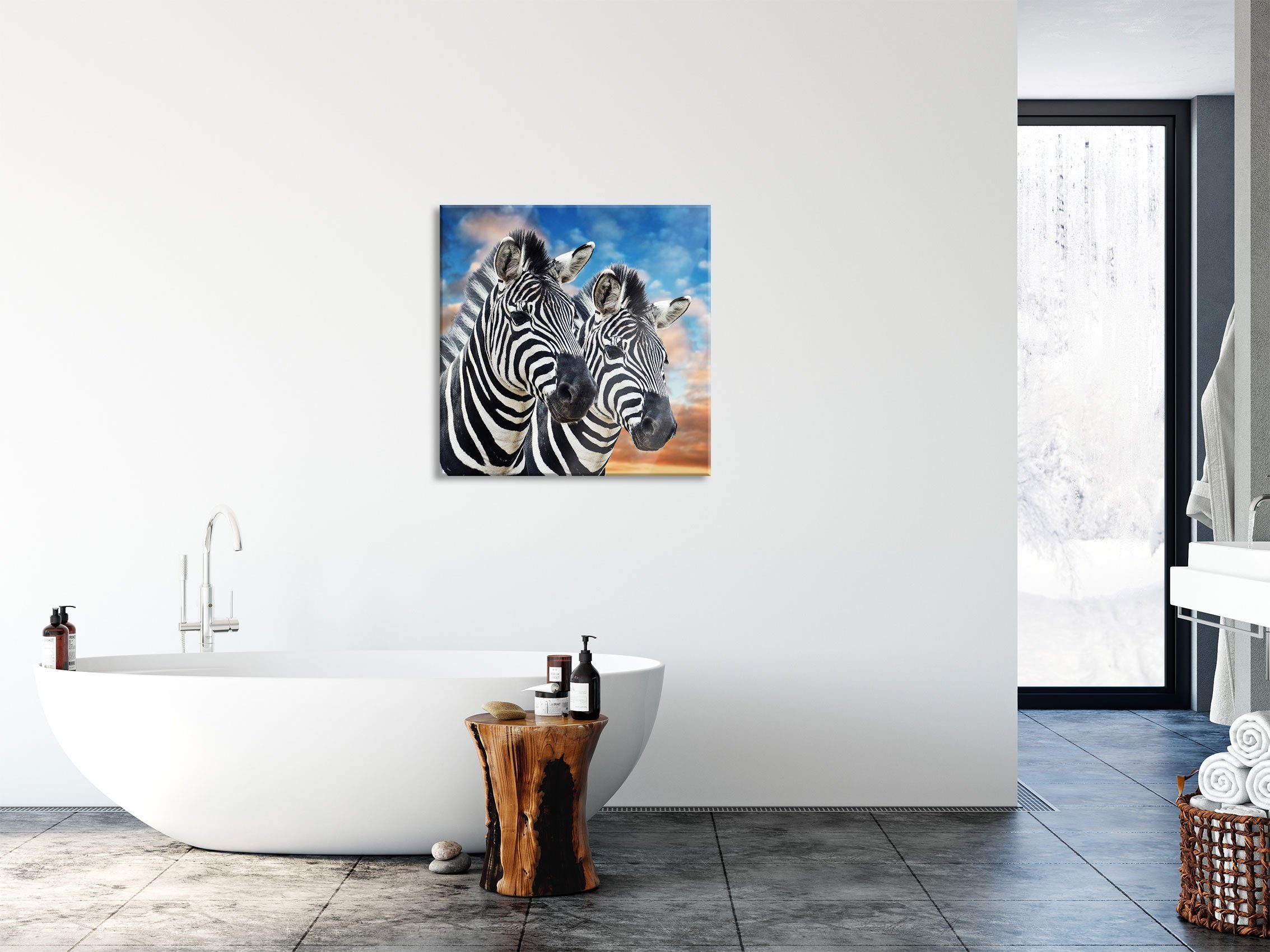 (1 Pixxprint Pärchen Aufhängungen Glasbild Echtglas, Zebra Zebra Pärchen, und inkl. Glasbild Abstandshalter St), aus
