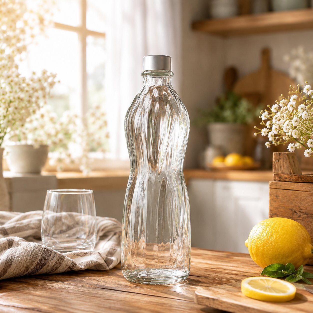 WestCraft Trinkflasche Bormioli Aqua Flasche 1L Weiß 1 Liter 1x Glasflasche, Spülmaschinenfest, Glas, Edelstahl, kratzfest, Bormioli Qualitätsglas