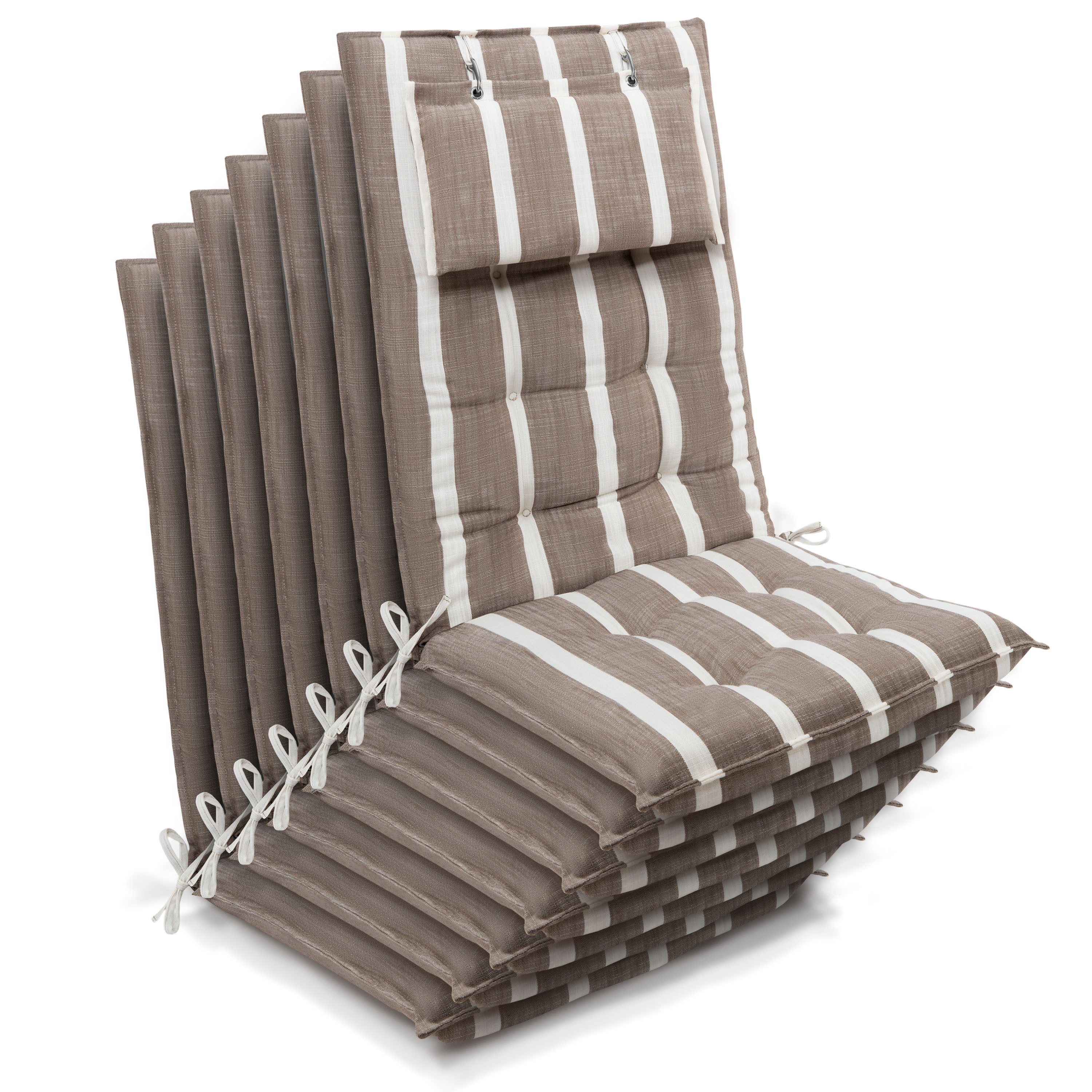 Beautissu Hochlehnerauflage 7er Set Sun-HL Hochlehner Auflage 120x50x8cm Beige-Weiß-Gestreift, Mit Kopfpolster, rutschfest & robust – Befestigungsbänder, UV 5