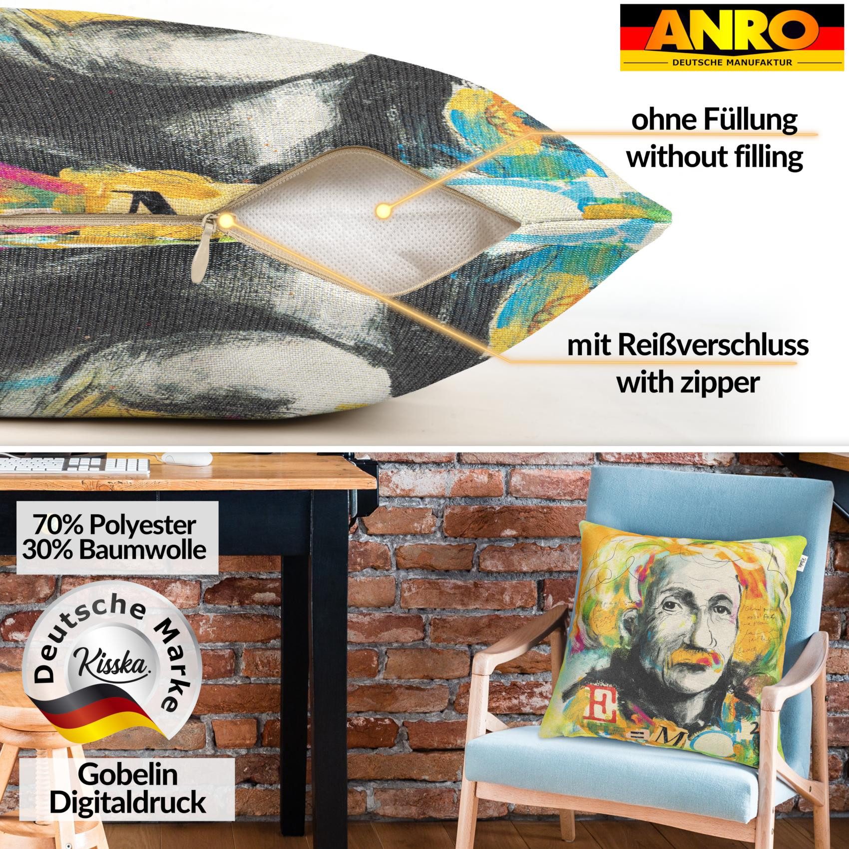 Kisska Dekokissen Kissenhülle mit oder ohne Füllung Designer Kissenbezug Zierkissen, Kissenhülle in 40x40cm Albert Einstein ohne Füllung aus Gobelin PopArt