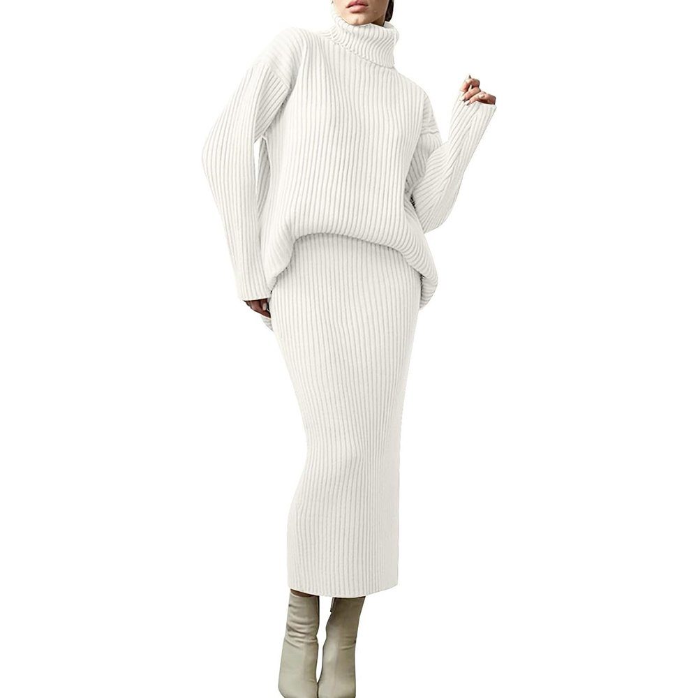 Zeaicos 2-in-1-Kleid Damen Pulloverkleid 2 Stück Set Strickpullover Weiß