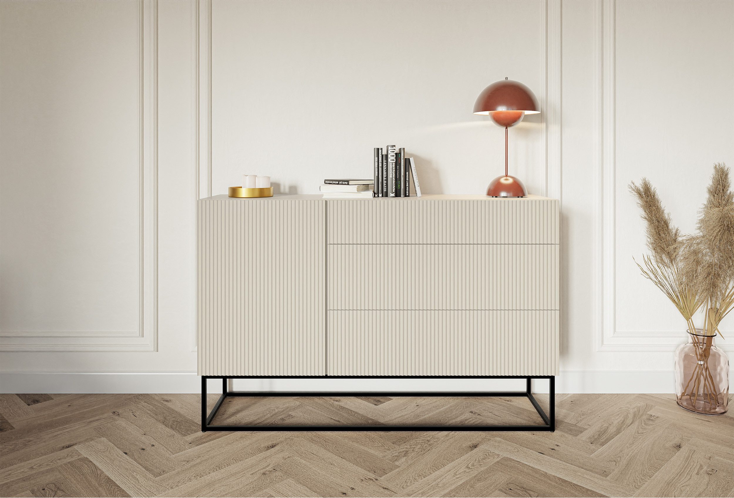Selsey Sideboard VELDIO, 1-türig mit 3 Schubladen, greige mit schwarzem Gestell, 140 cm